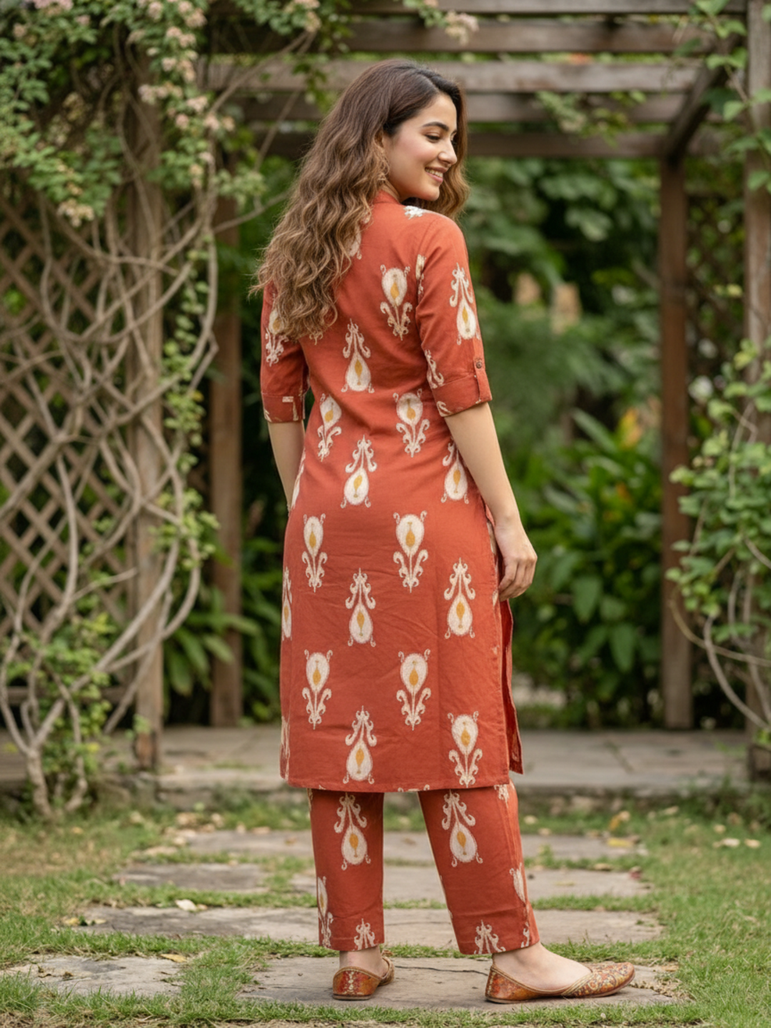Ikat Boota Printed A-Line Kurta with Pyjama - Rust