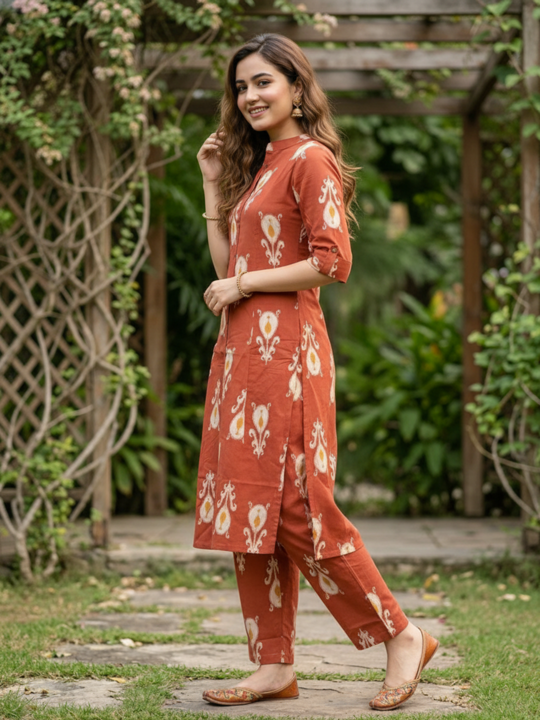 Ikat Boota Printed A-Line Kurta with Pyjama - Rust