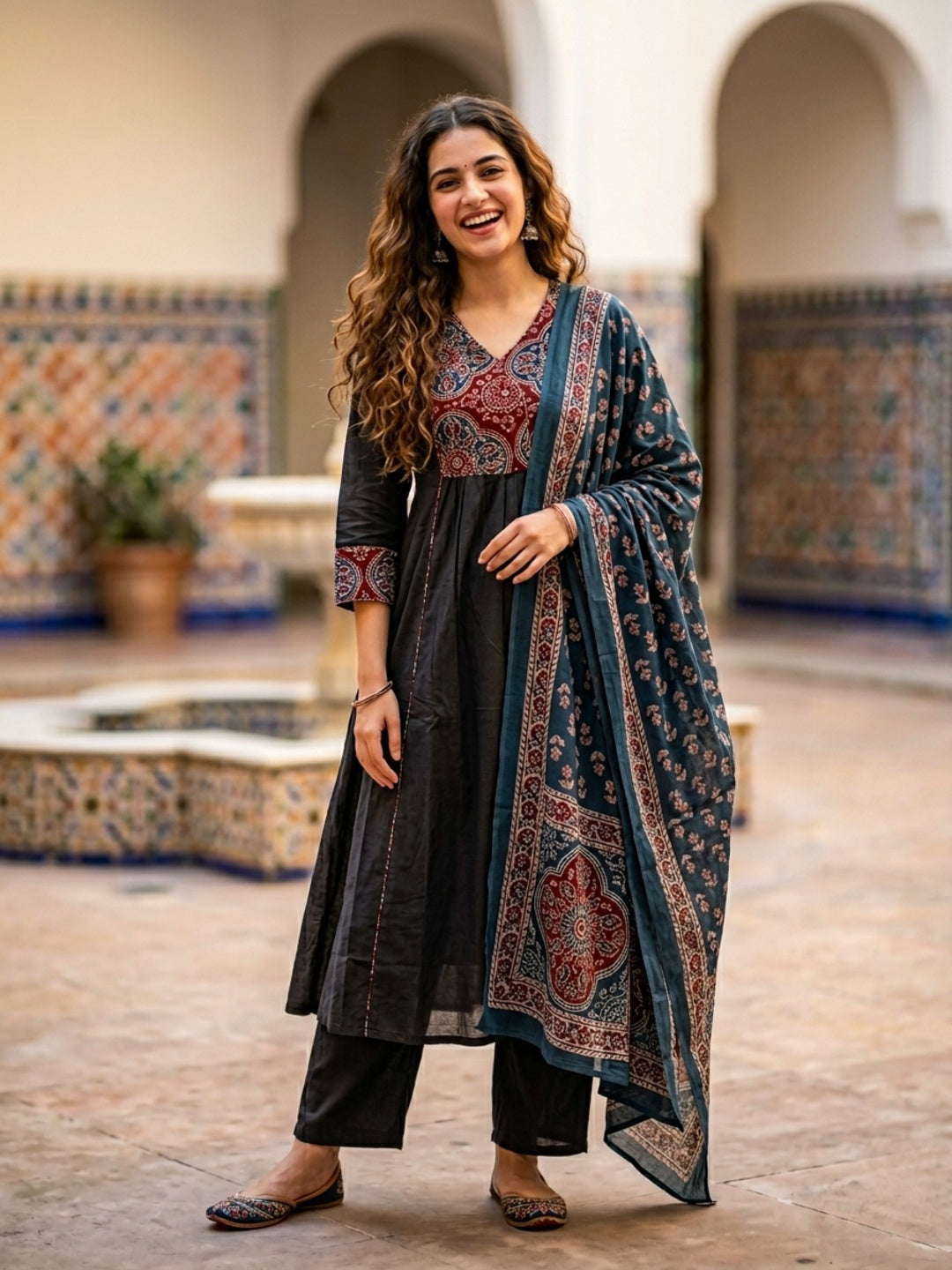 Printed Anarkali Kurta Set with Pant & Dupatta - Black & Teal