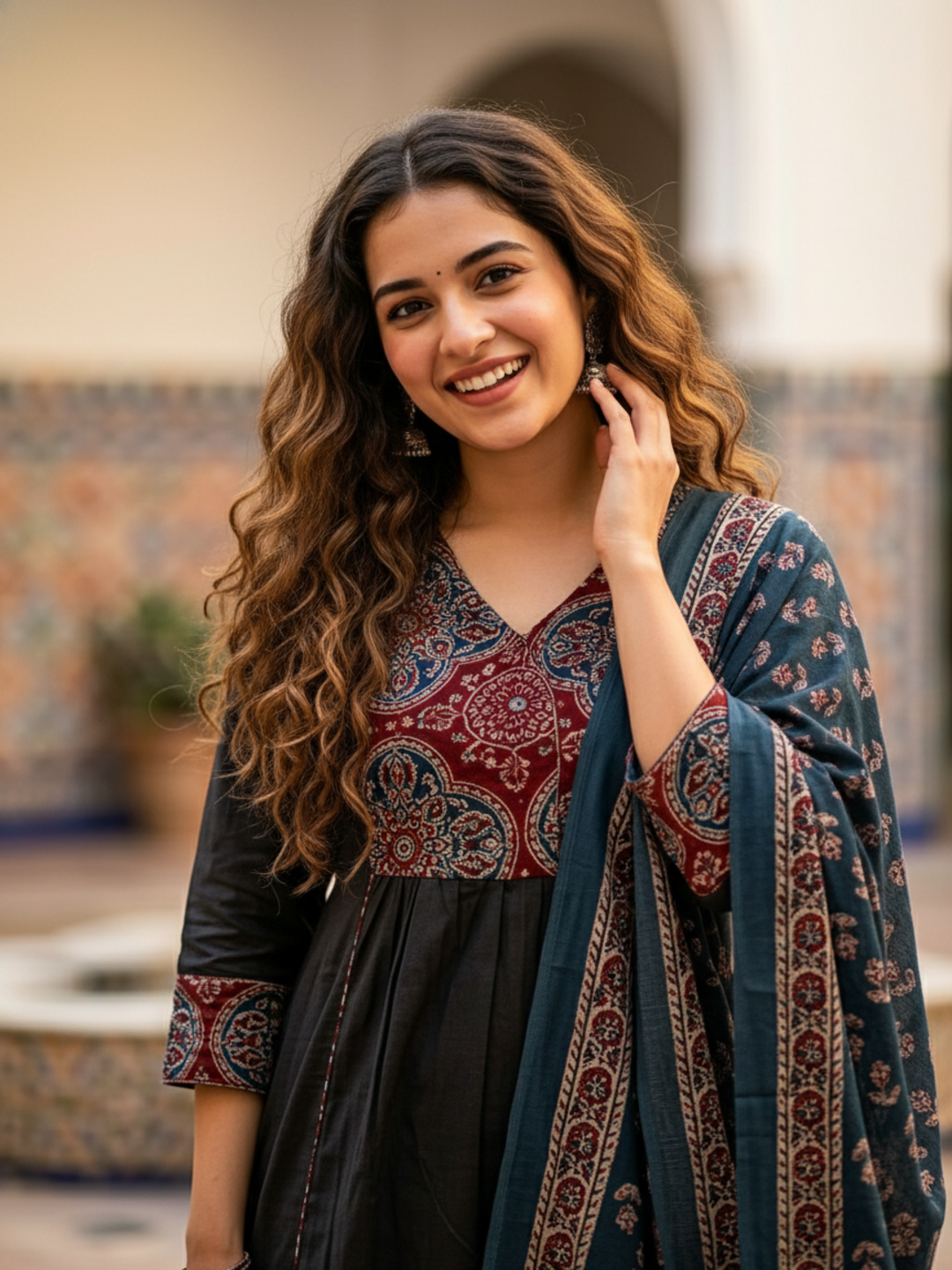 Printed Anarkali Kurta Set with Pant & Dupatta - Black & Teal