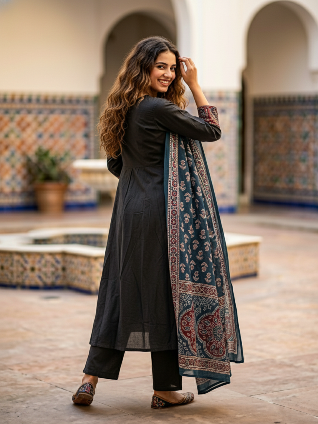 Printed Anarkali Kurta Set with Pant & Dupatta - Black & Teal