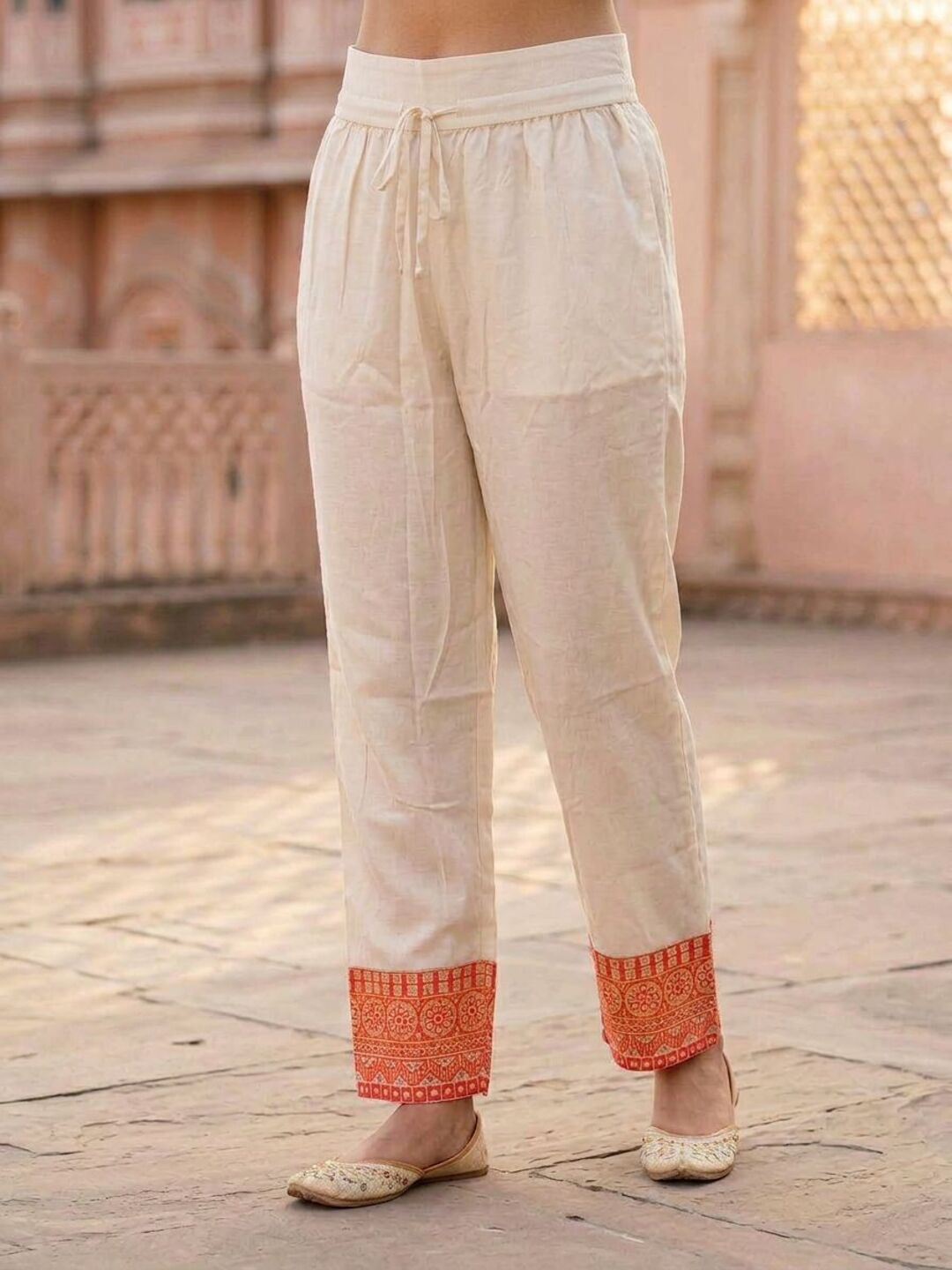 Ethnic Printed Embroidered A-Line Kurta with Palazzo & Dupatta - Cream & Pink