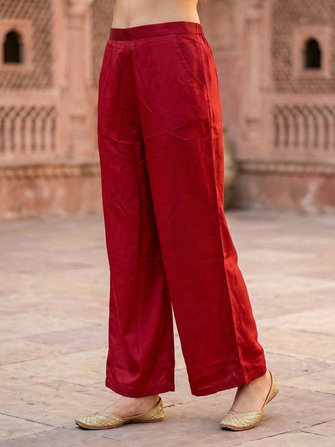 Brocade Silk Crepe Straight Kurta with Palazzo - Cherry Red