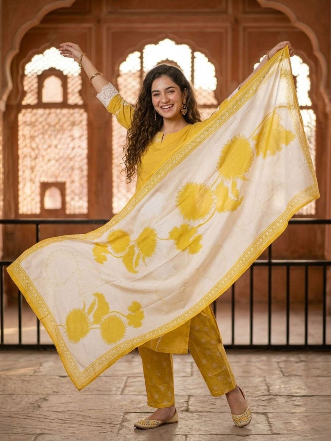 Abstract Printed Sequin Straight Kurta with Trouser & Dupatta - Yellow