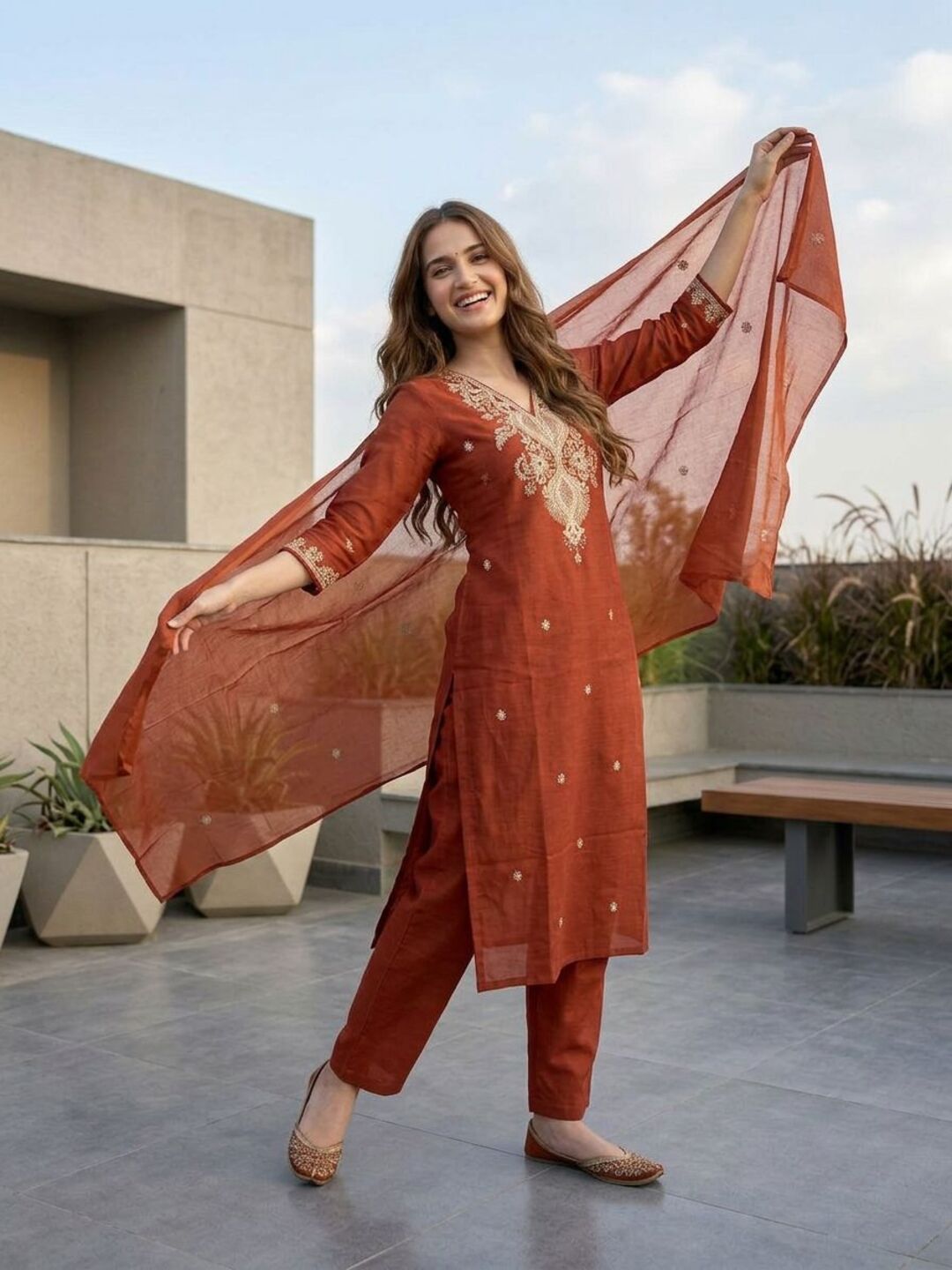 Solid Embroidered Straight Kurta with Palazzo & Dupatta - Rust