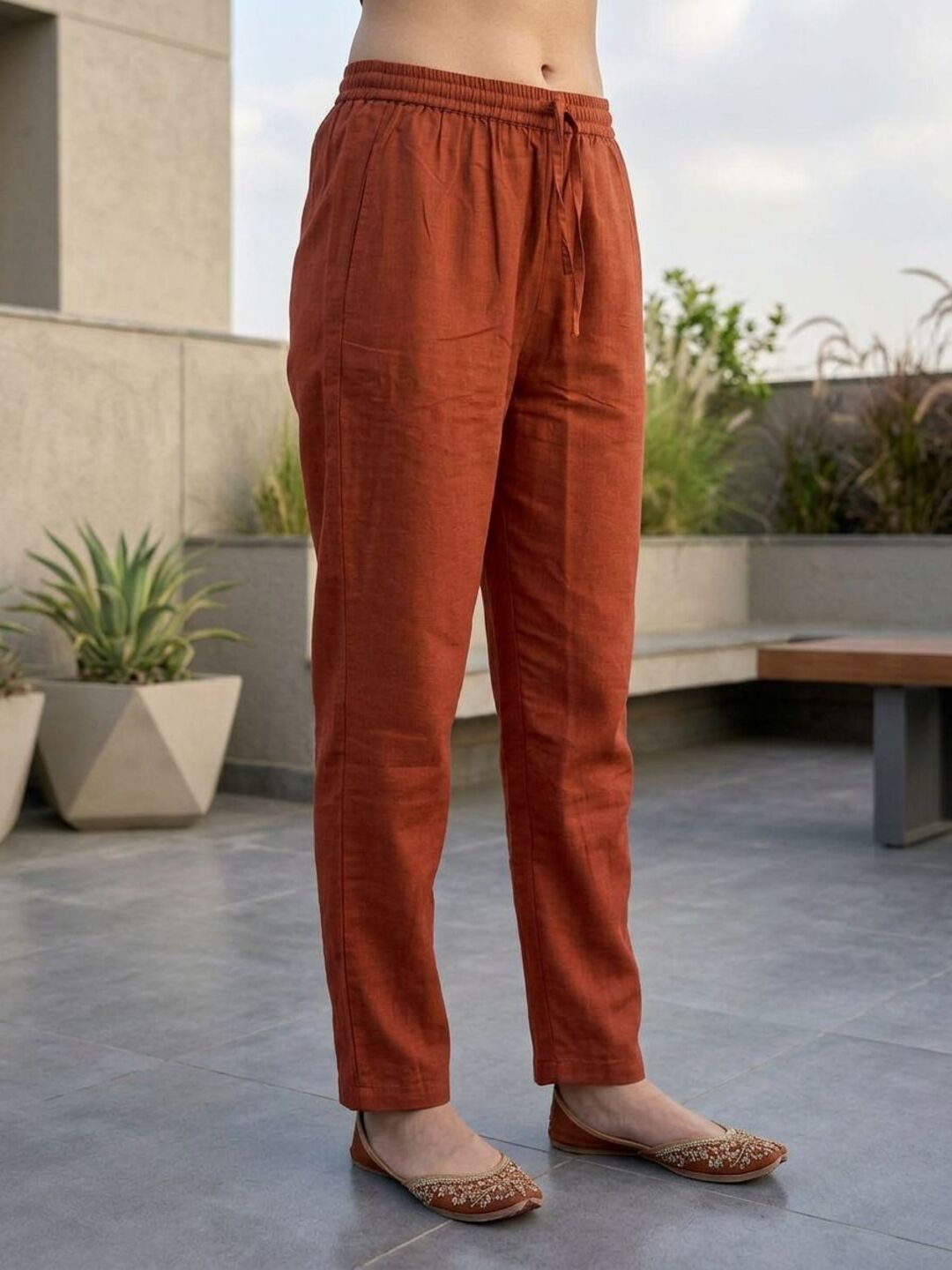 Solid Embroidered Straight Kurta with Palazzo & Dupatta - Rust