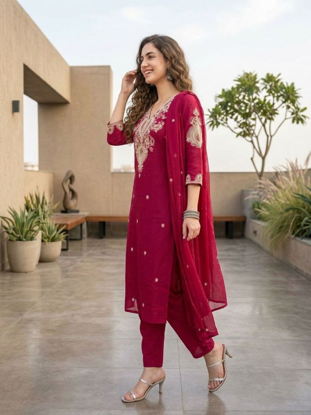 Solid Embroidered Straight Kurta with Palazzo & Dupatta - Rani Pink