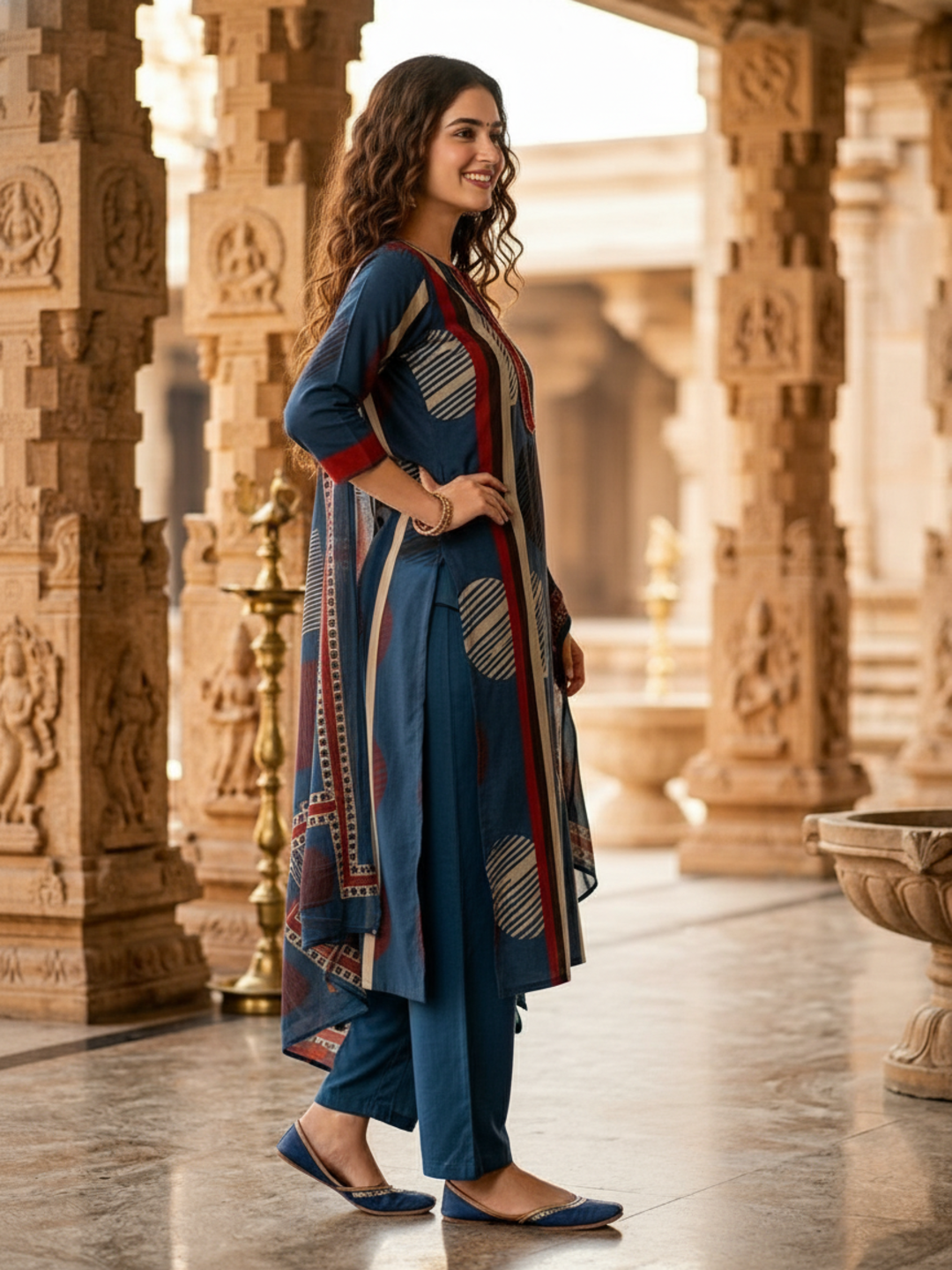 Abstract Printed Straight Kurta with Pant & Dupatta - Blue