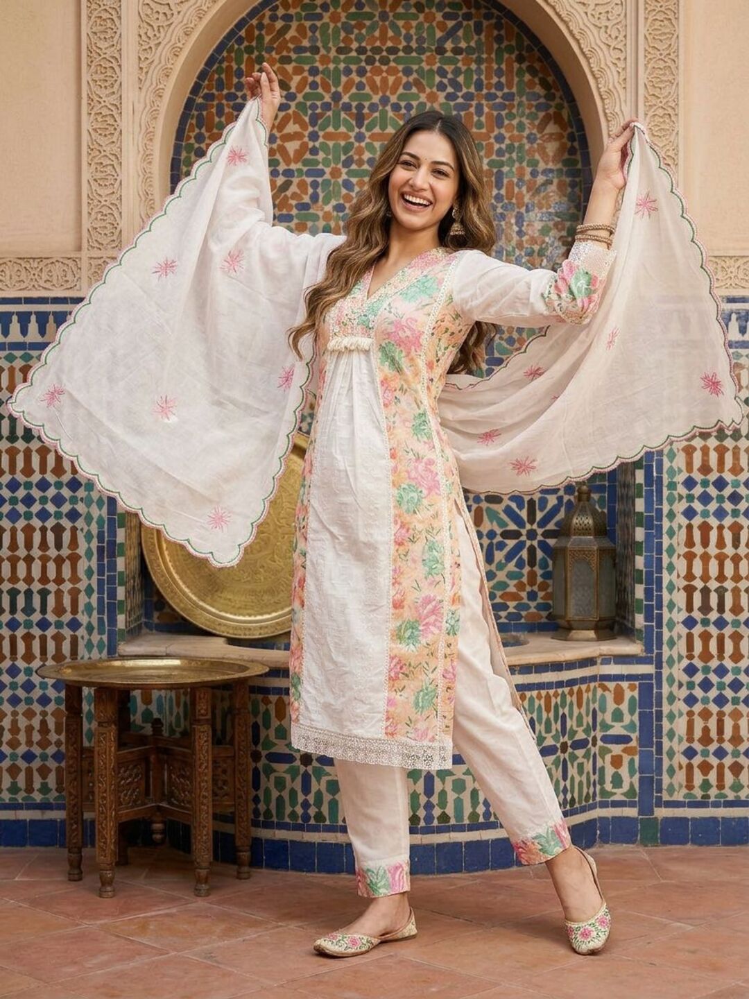Solid Embroidered Schiffli A-Line Kurta with Pant & Dupatta - Off White