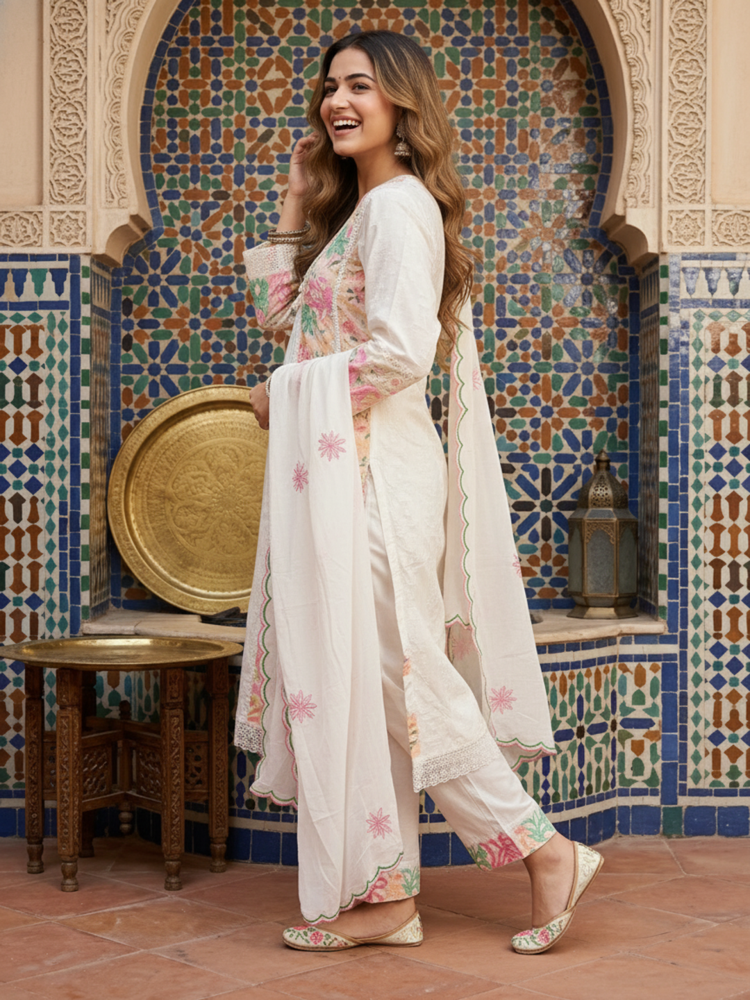 Solid Embroidered Schiffli A-Line Kurta with Pant & Dupatta - Off White