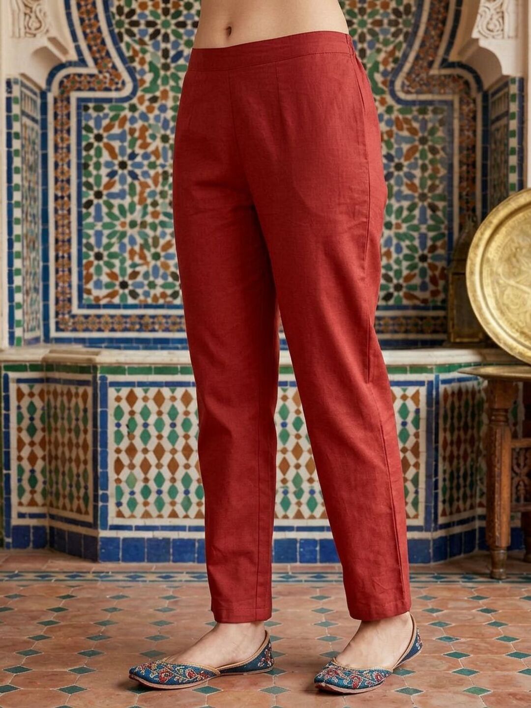 Abstract Printed Straight Kurta with Pant & Dupatta - Red