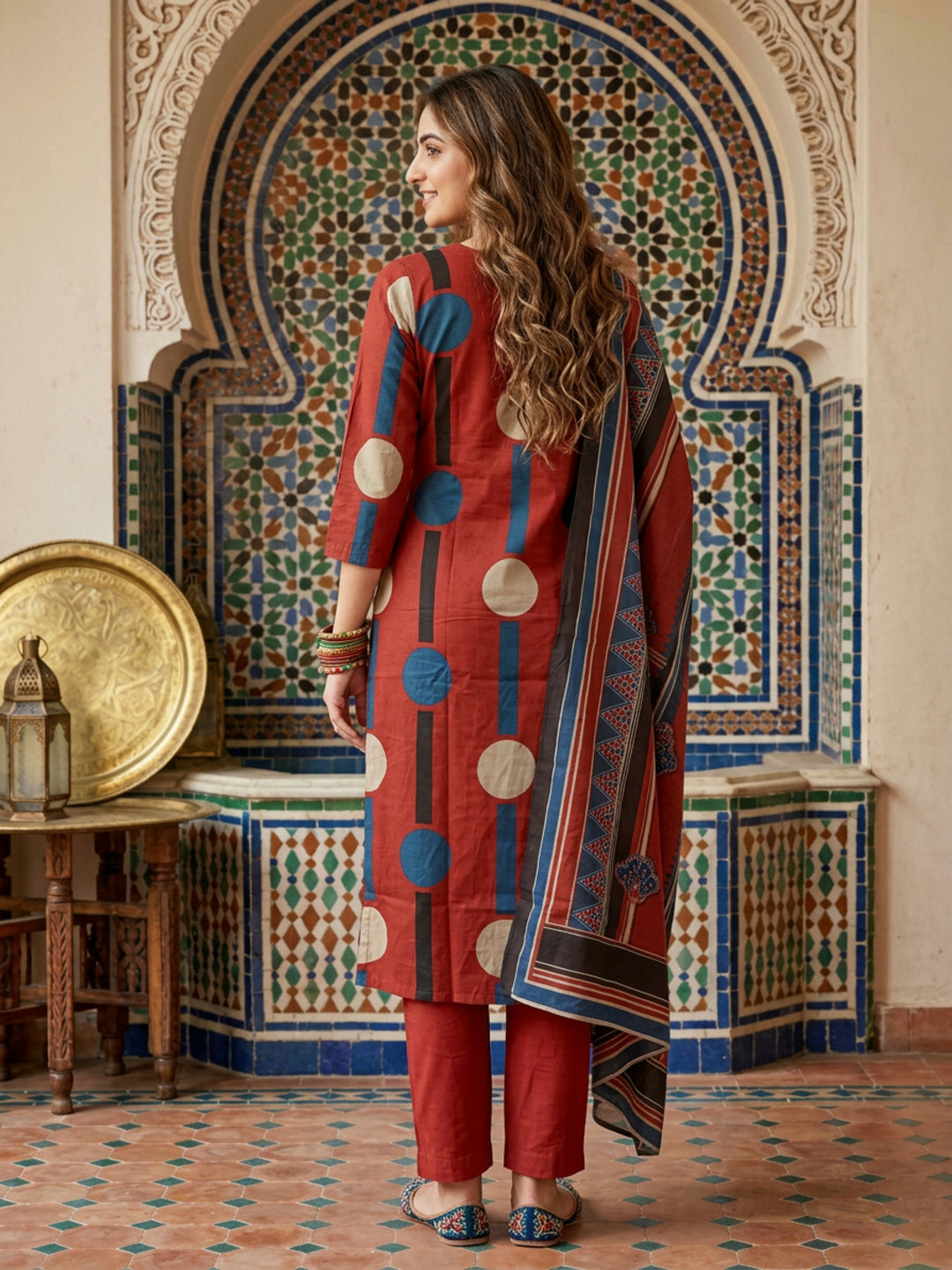 Abstract Printed Straight Kurta with Pant & Dupatta - Red