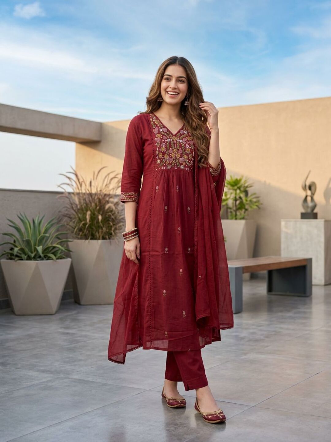 Solid Floral Embroidered A-Line Kurta with Pant & Dupatta - Maroon