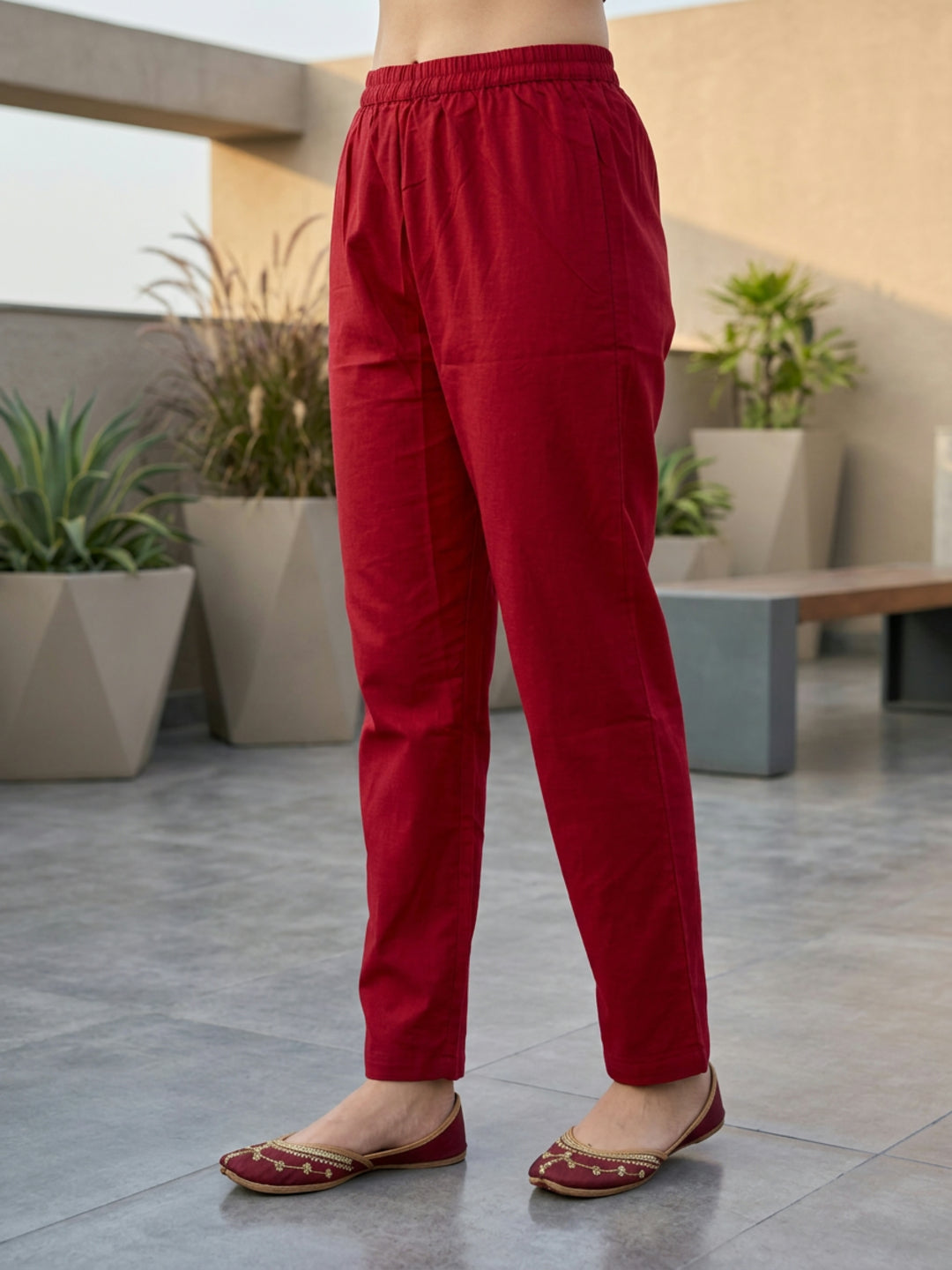 Solid Floral Embroidered A-Line Kurta with Pant & Dupatta - Maroon