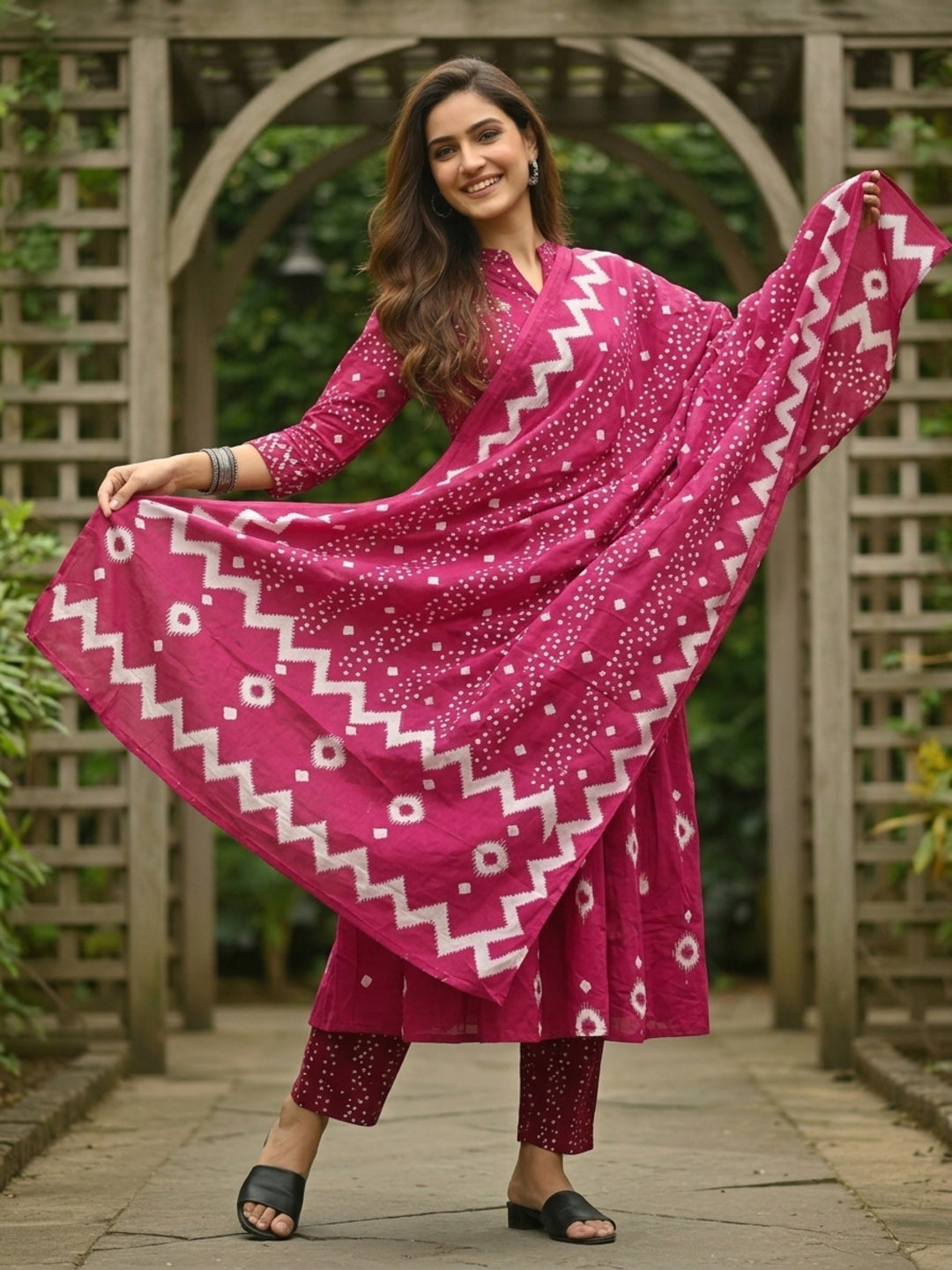 Bandhani Printed Anarkali with Pant & Dupatta - Pink