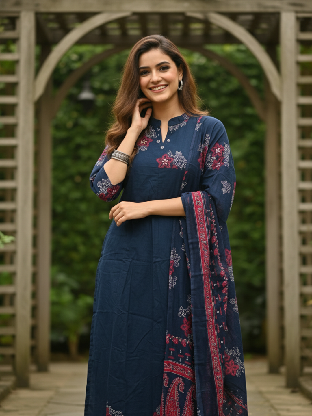 Floral Printed Embroidered Anarkali with Pant & Dupatta - Blue