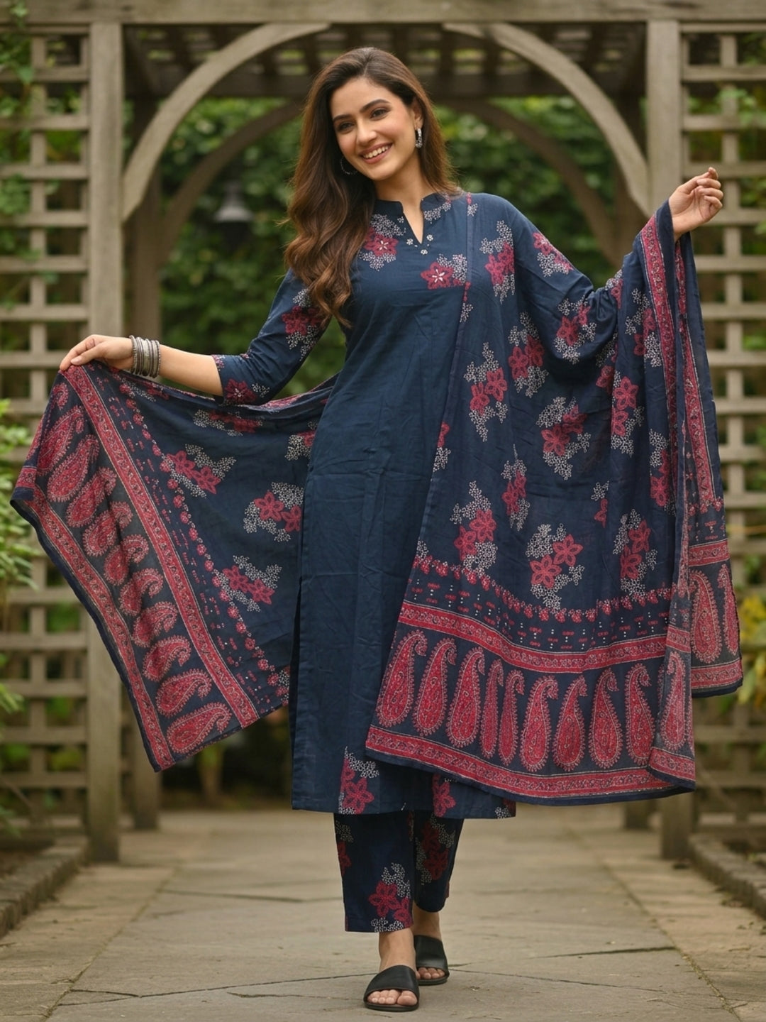 Floral Printed Embroidered Anarkali with Pant & Dupatta - Blue