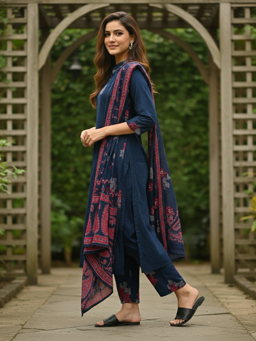 Floral Printed Embroidered Anarkali with Pant & Dupatta - Blue