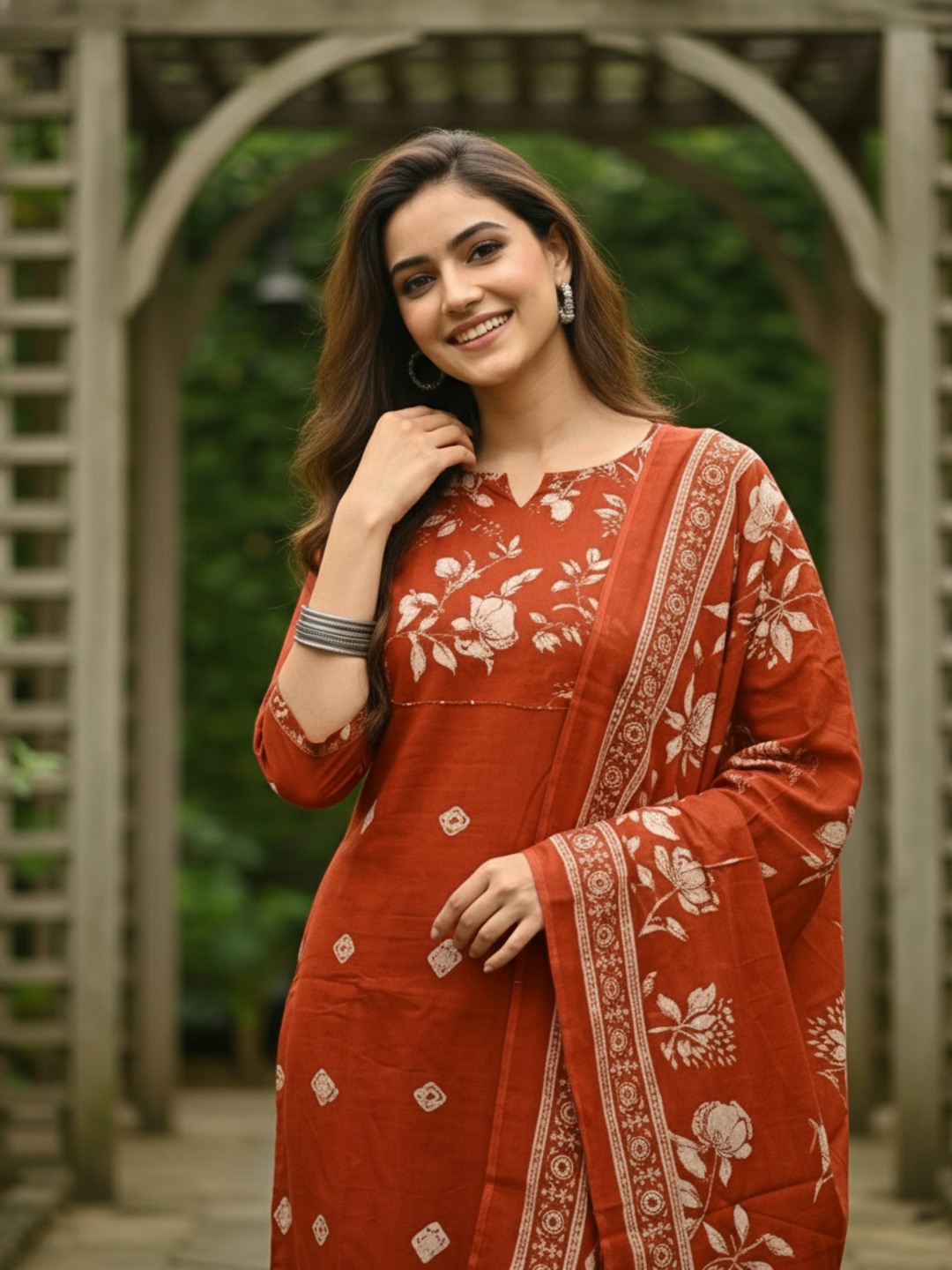 Floral Printed Embroidered Straight Kurta with Pant and Dupatta - Rust