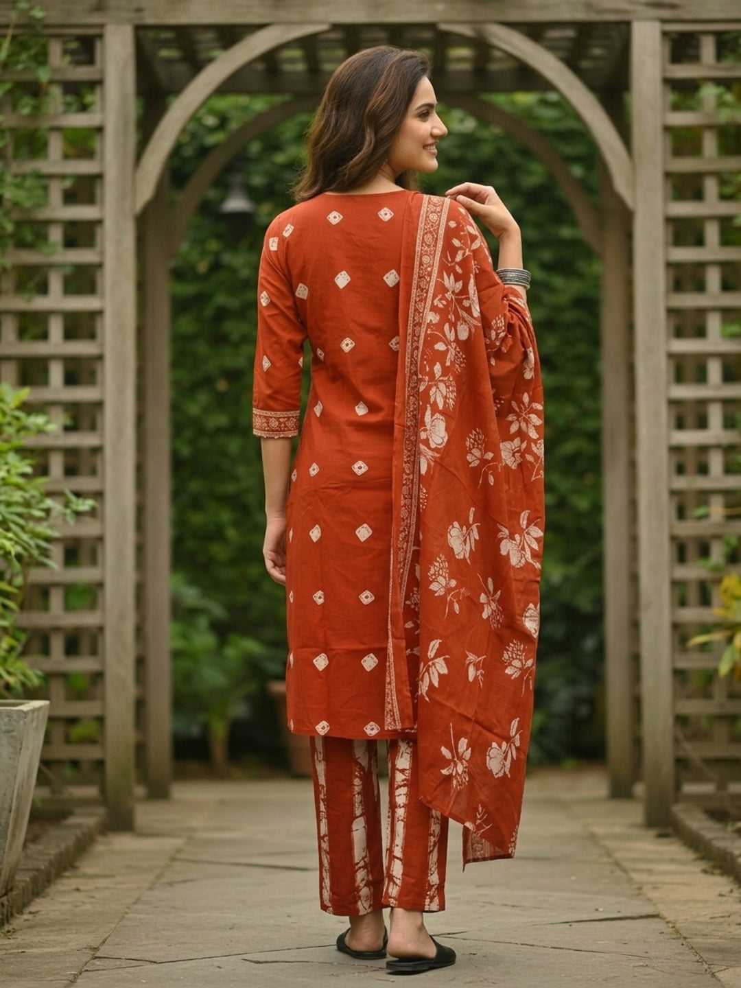 Floral Printed Embroidered Straight Kurta with Pant and Dupatta - Rust