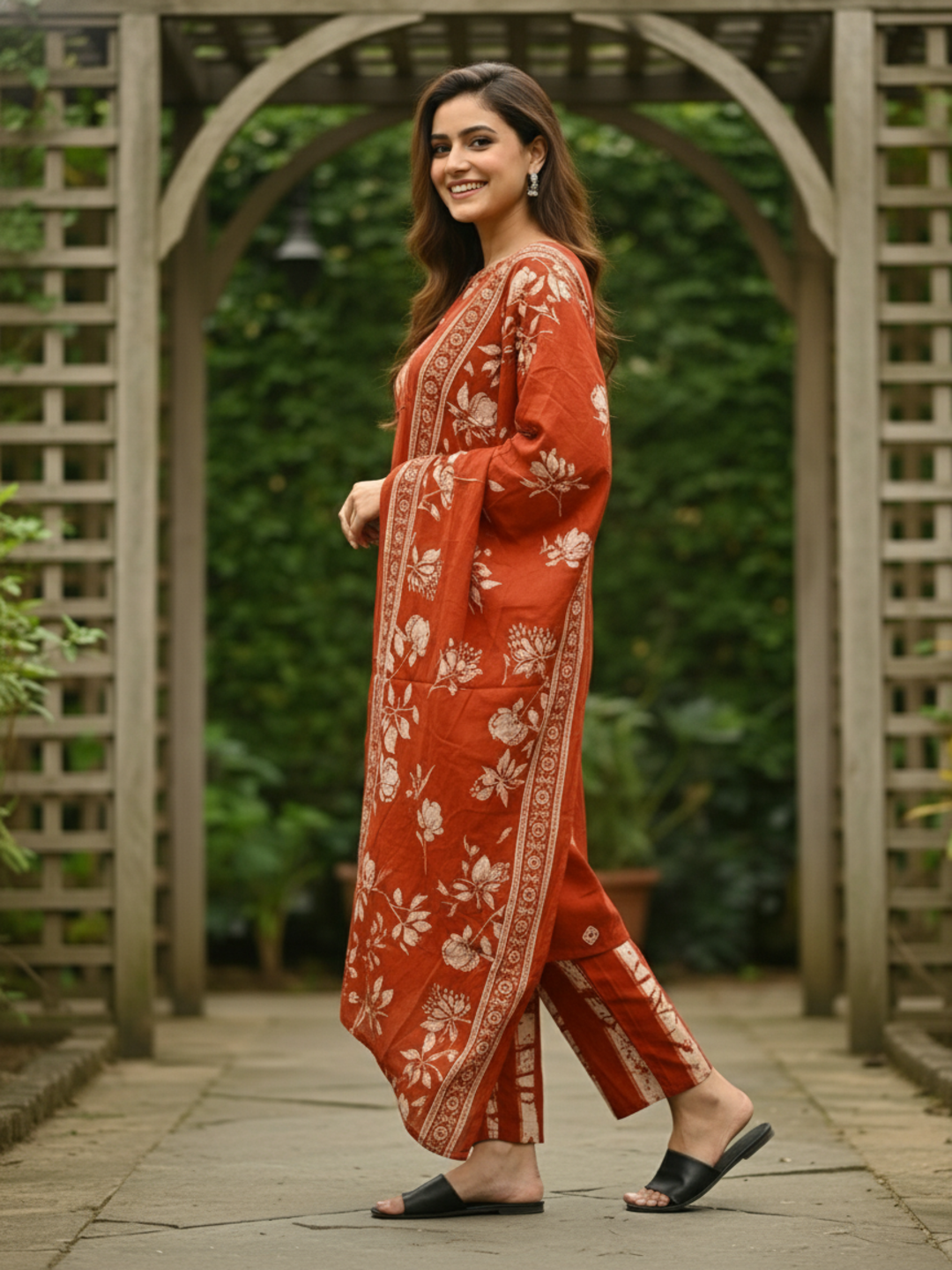 Floral Printed Embroidered Straight Kurta with Pant and Dupatta - Rust