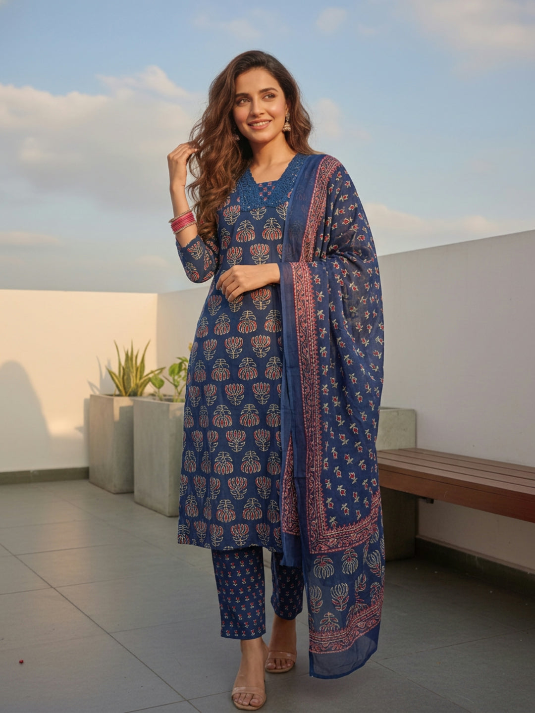 Ethnic Printed Straight Kurta with Pant & Dupatta - Navy Blue