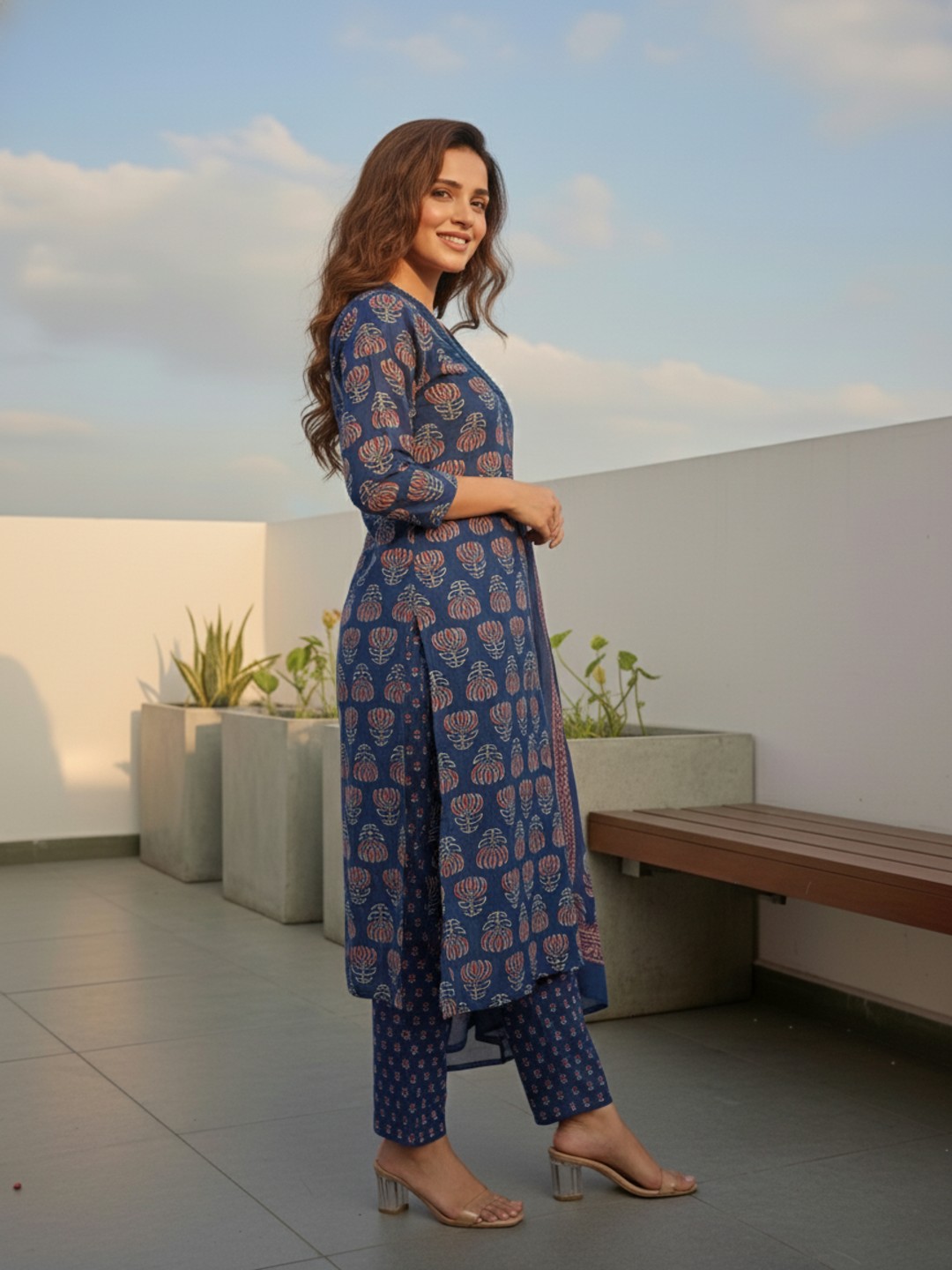 Ethnic Printed Straight Kurta with Pant & Dupatta - Navy Blue