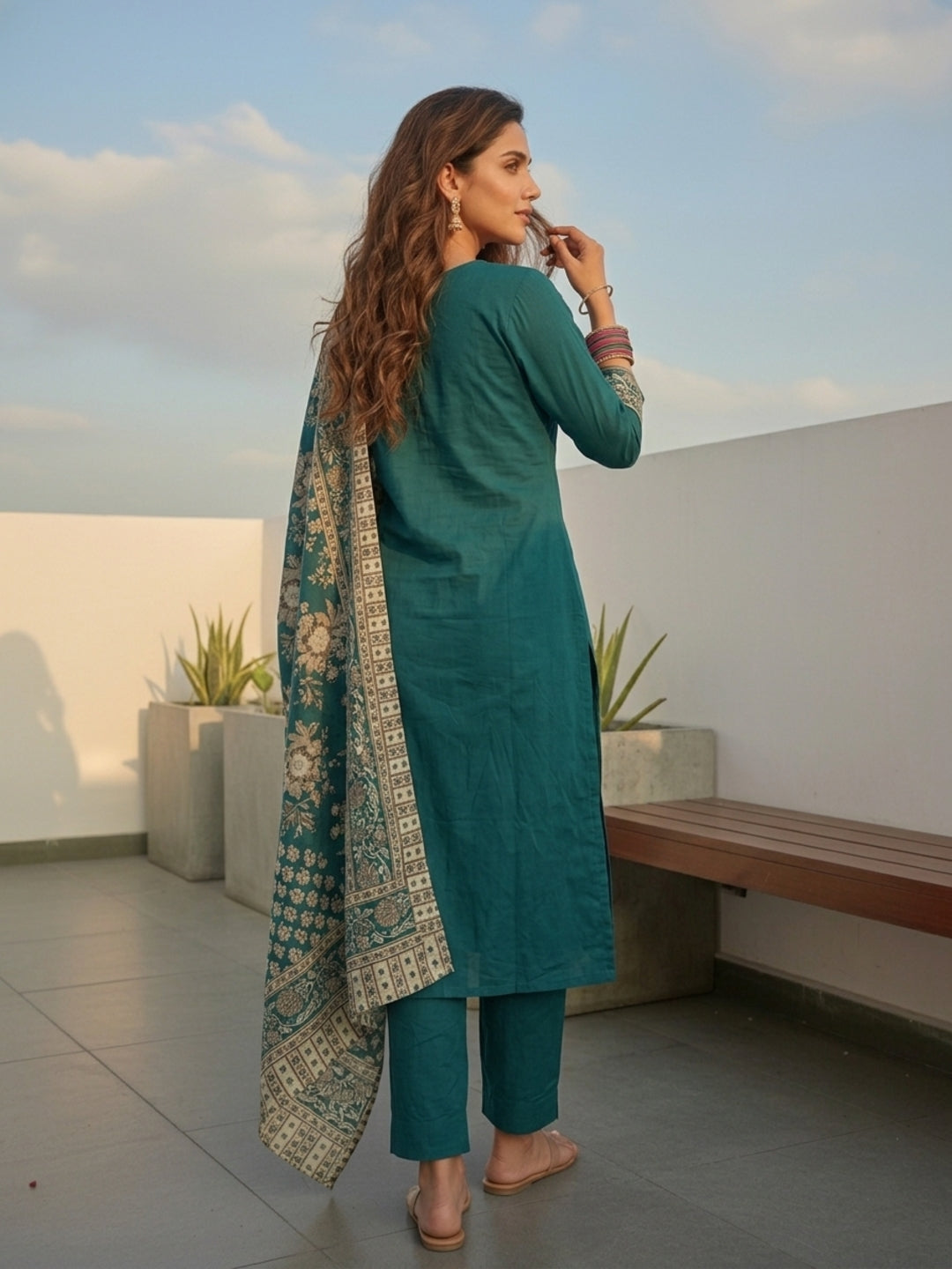 Floral Printed Embroidered Straight Kurta with Pant and Dupatta - Teal Green