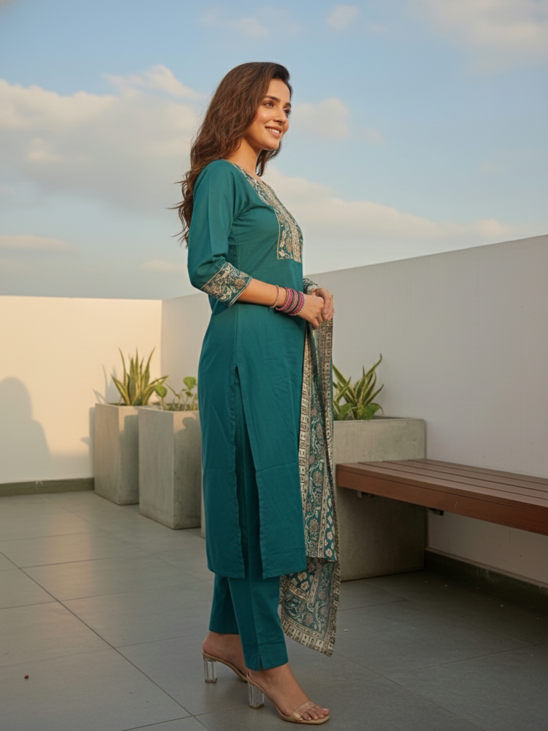 Floral Printed Embroidered Straight Kurta with Pant and Dupatta - Teal Green