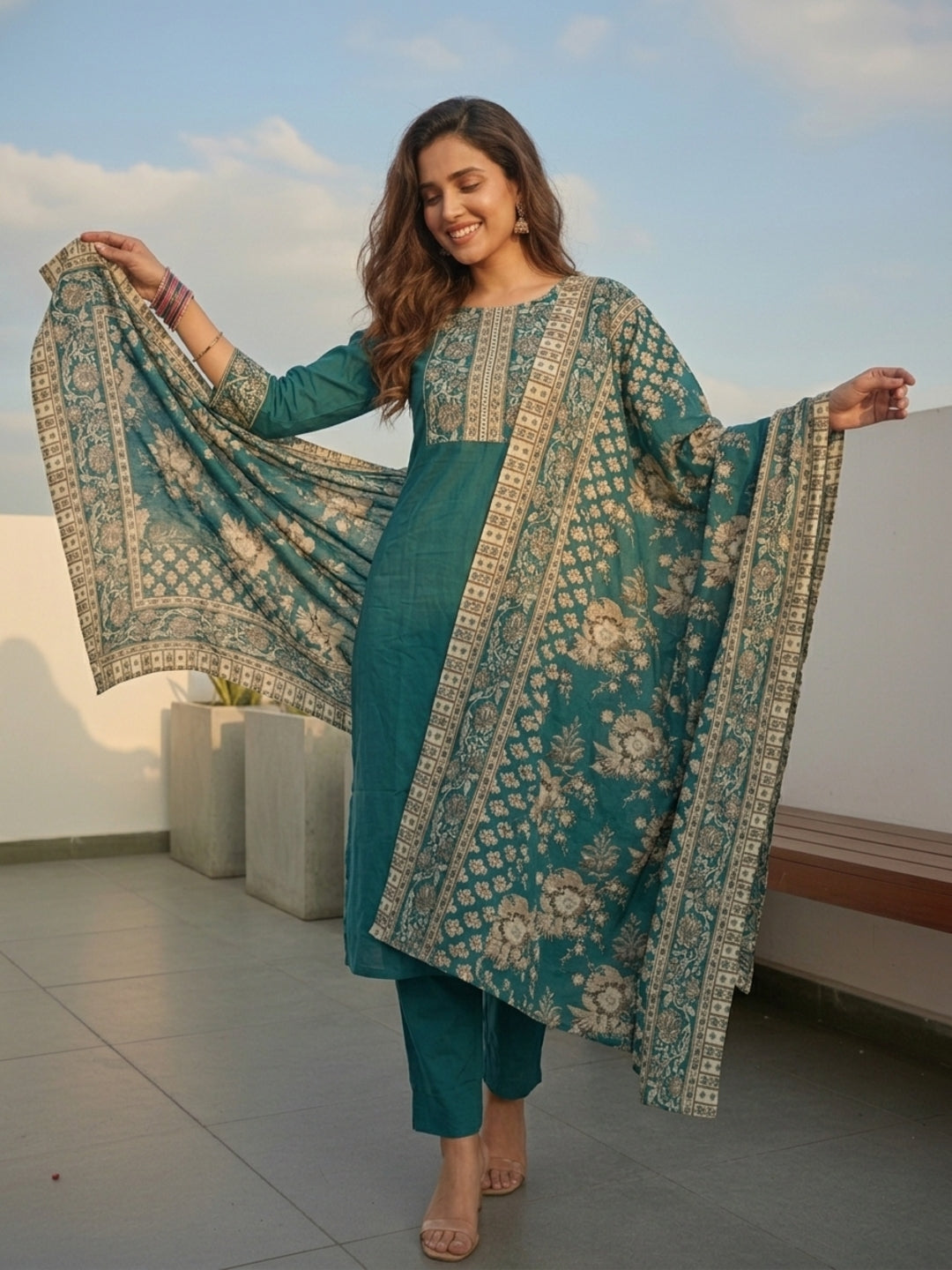 Floral Printed Embroidered Straight Kurta with Pant and Dupatta - Teal Green