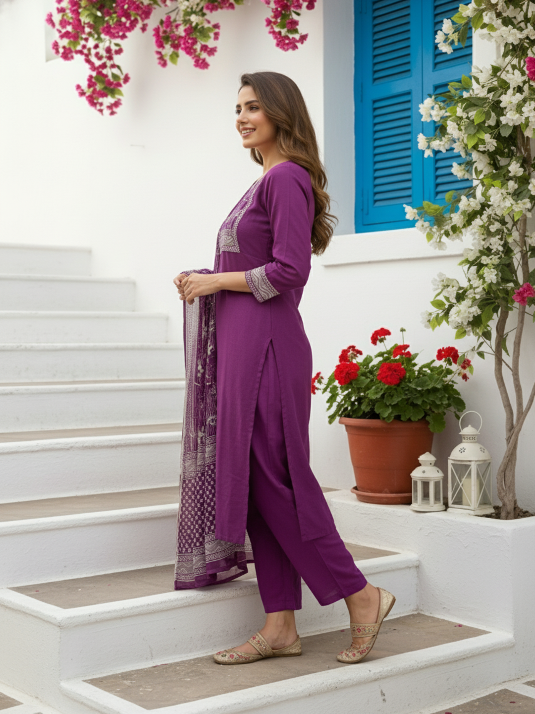Floral Printed Embroidered Straight Kurta with Pant and Dupatta - Deep Purple
