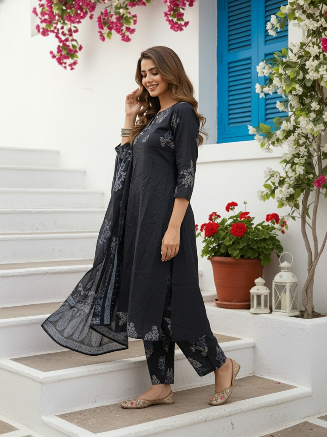 Floral Printed Embroidered Anarkali with Pant & Dupatta - Black