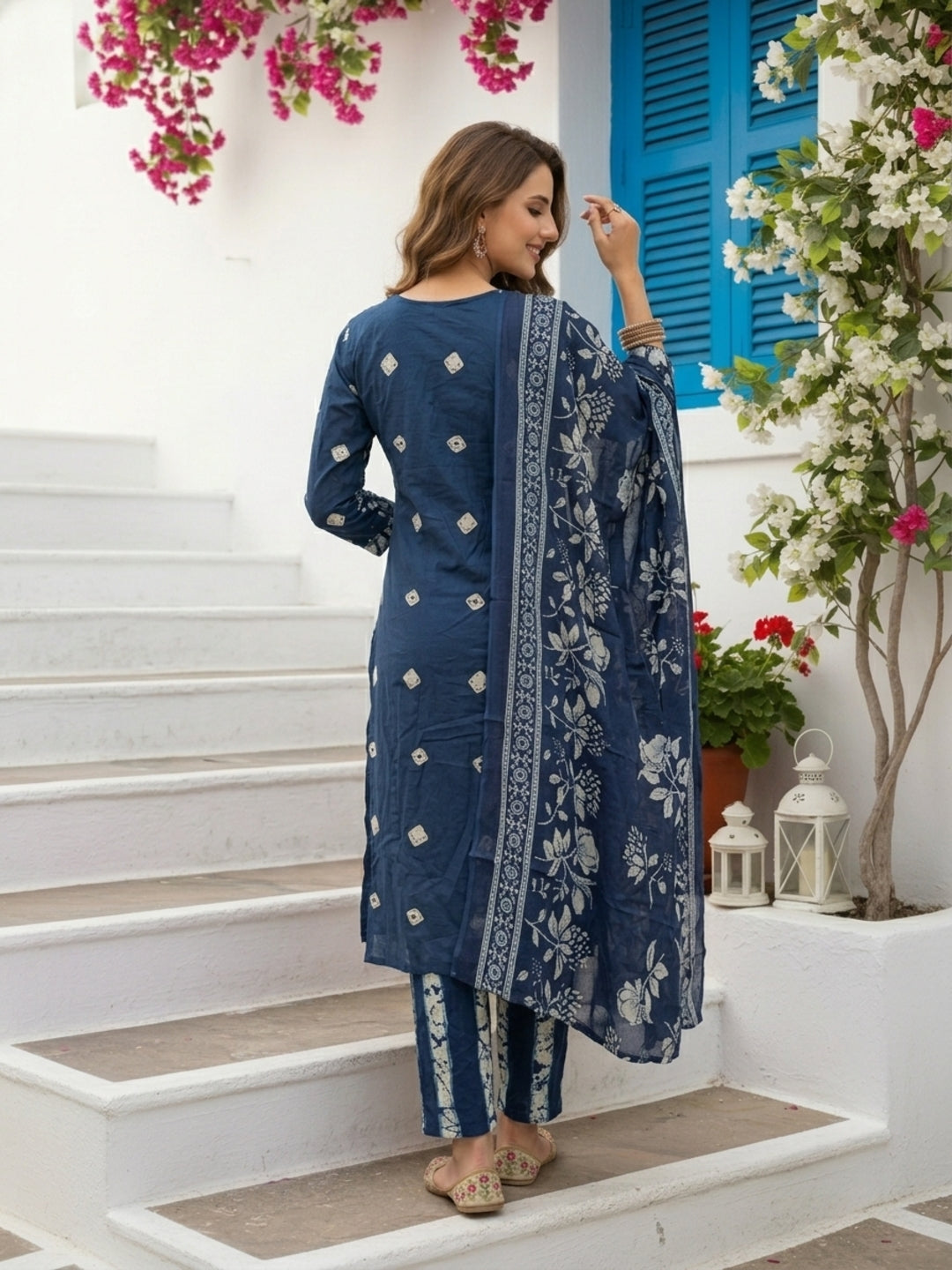 Floral Printed Embroidered Straight Kurta with Pant and Dupatta - Blue