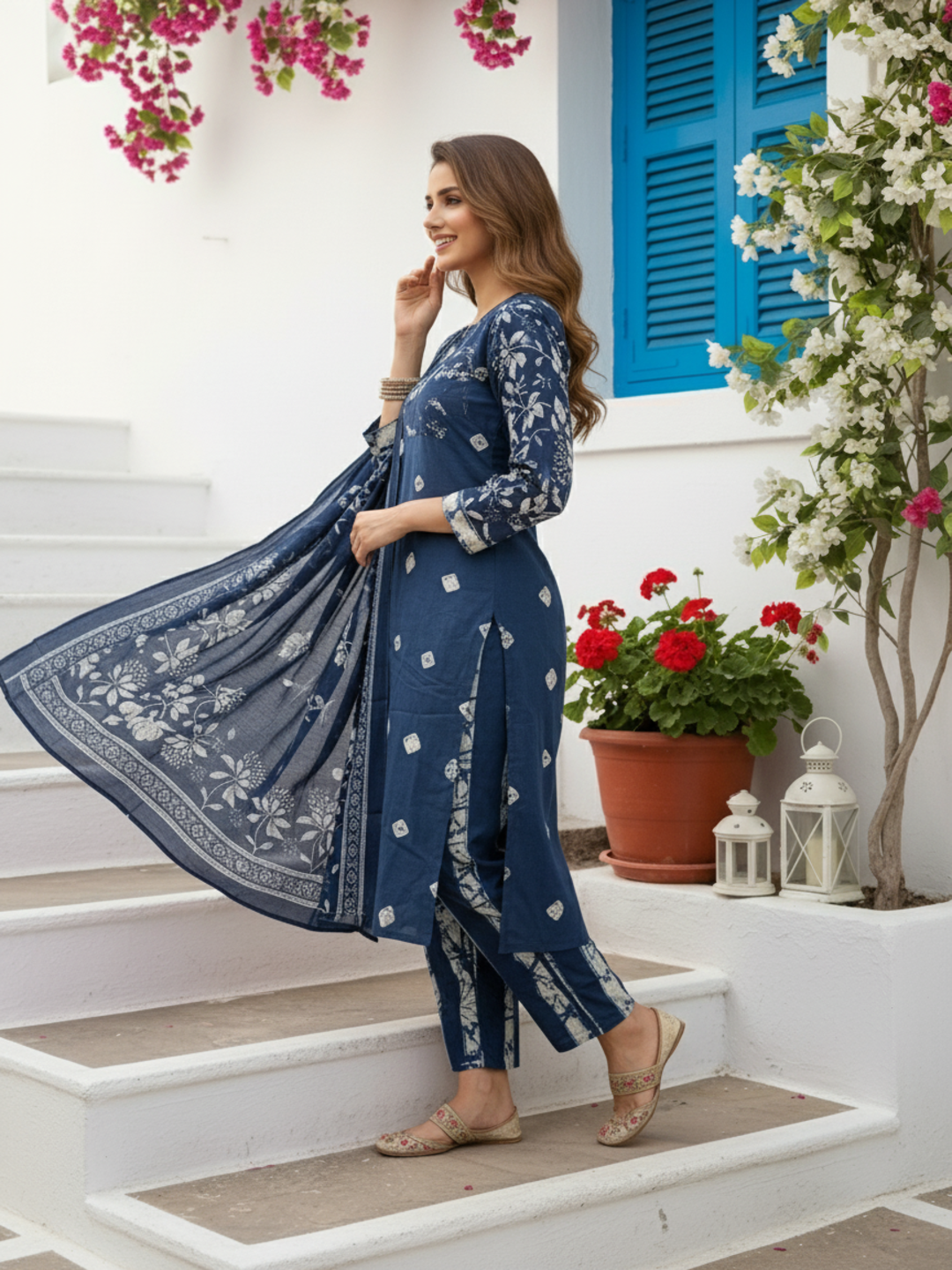Floral Printed Embroidered Straight Kurta with Pant and Dupatta - Blue
