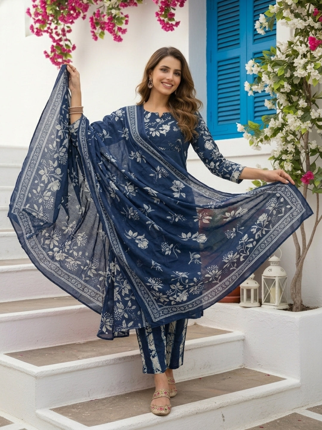 Floral Printed Embroidered Straight Kurta with Pant and Dupatta - Blue
