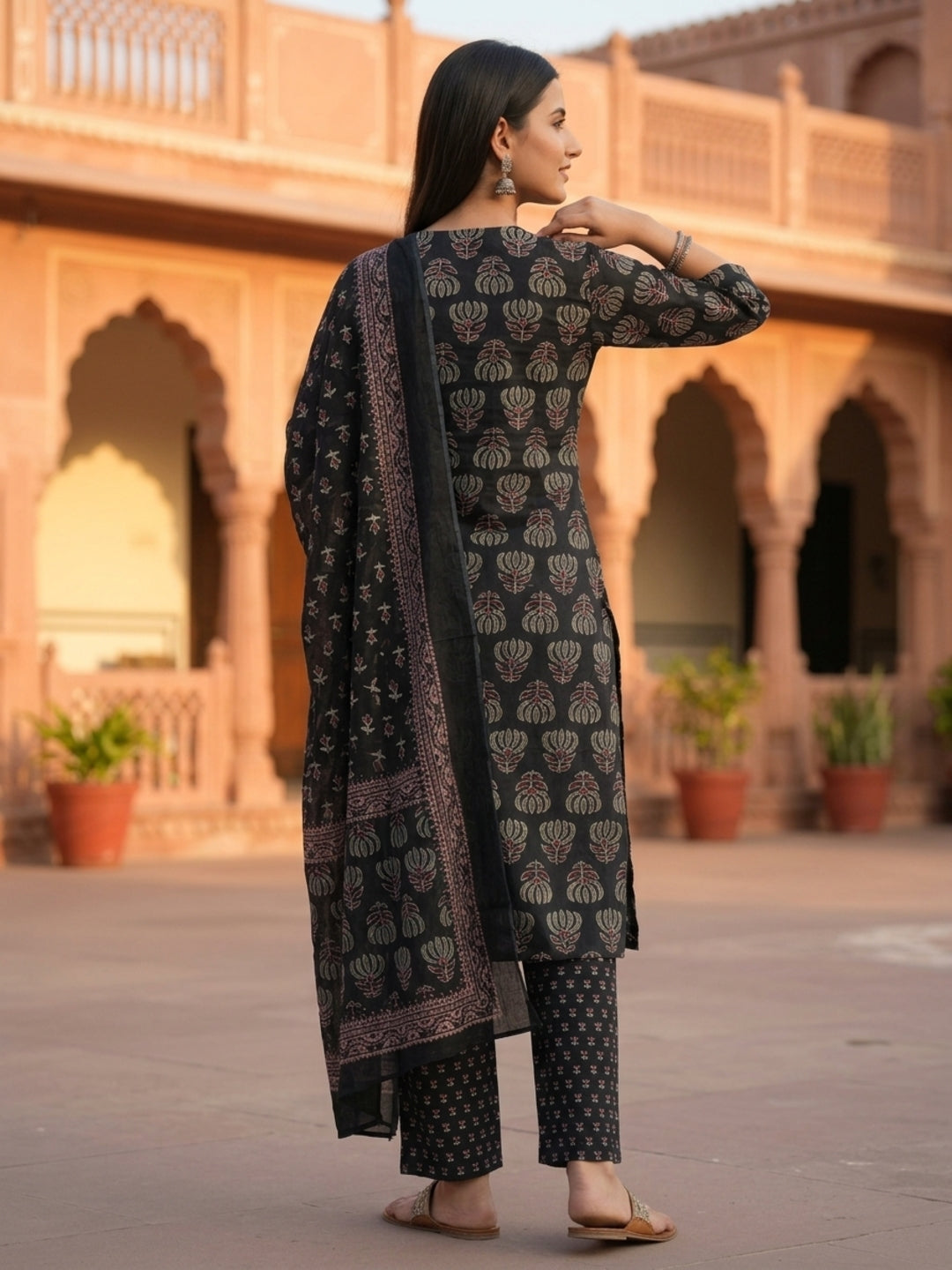 Ethnic Printed Straight Kurta with Pant & Dupatta - Black