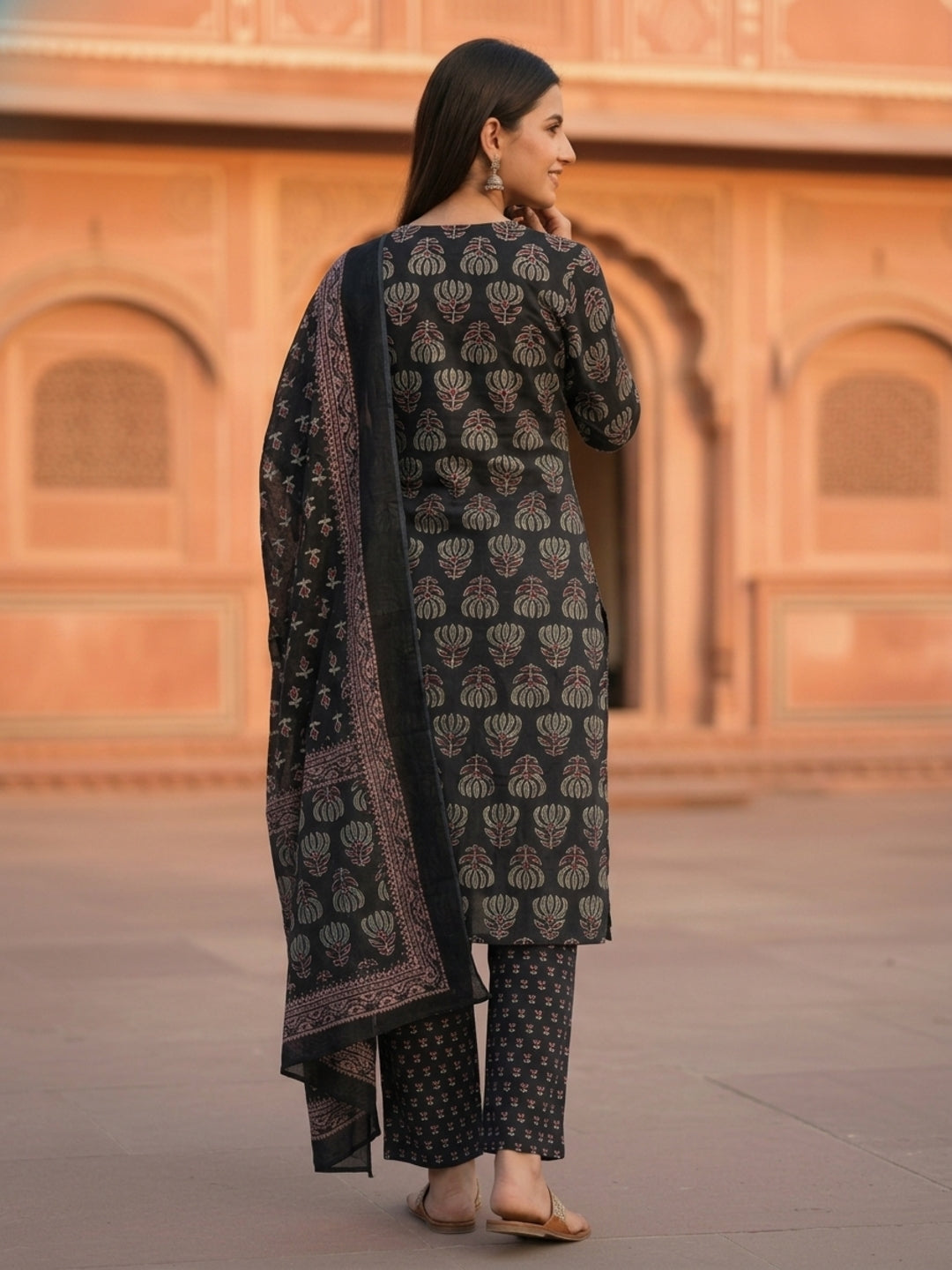 Ethnic Printed Straight Kurta with Pant & Dupatta - Black