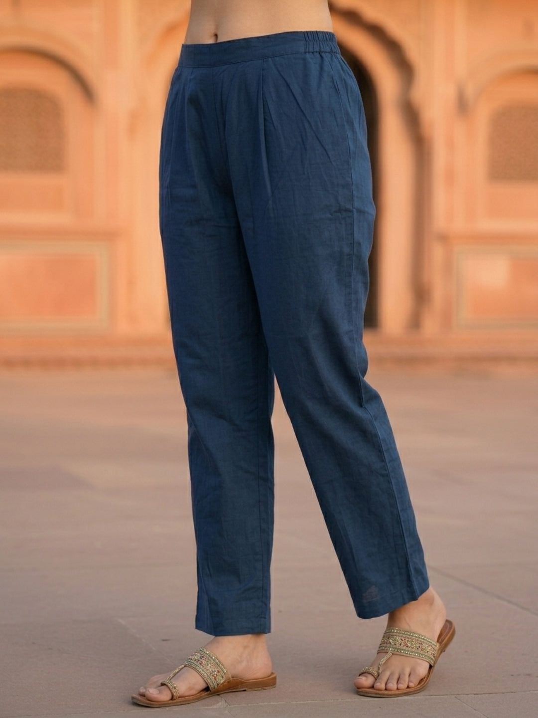 Printed Yoke Straight Kurta with Pant & Geometric Dupatta - Navy Blue