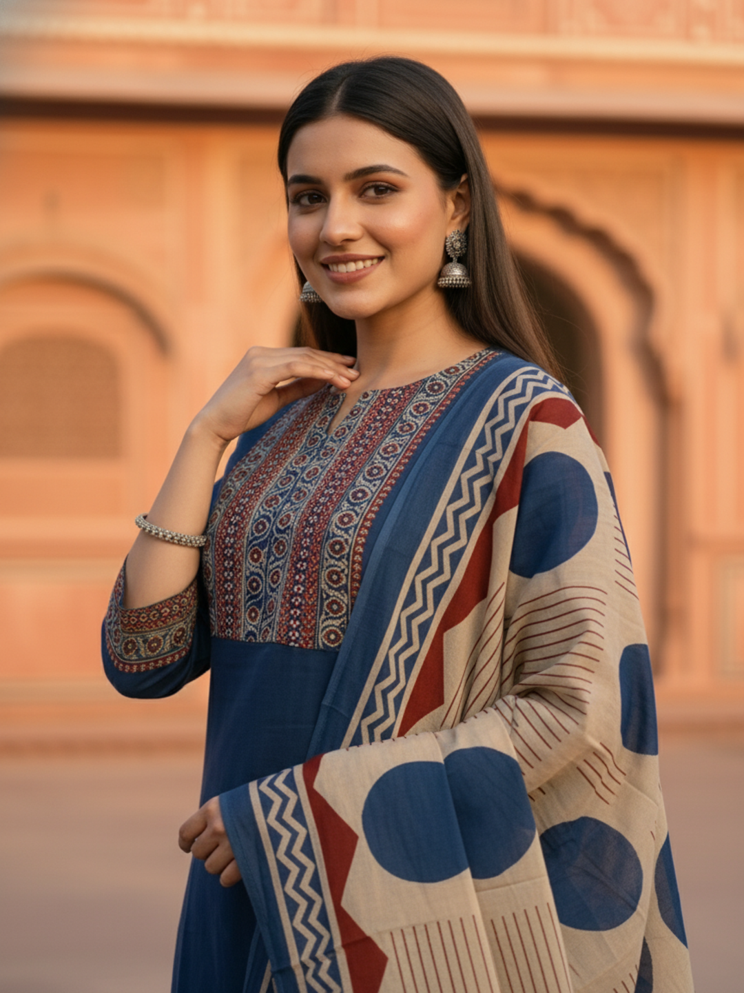 Printed Yoke Straight Kurta with Pant & Geometric Dupatta - Navy Blue