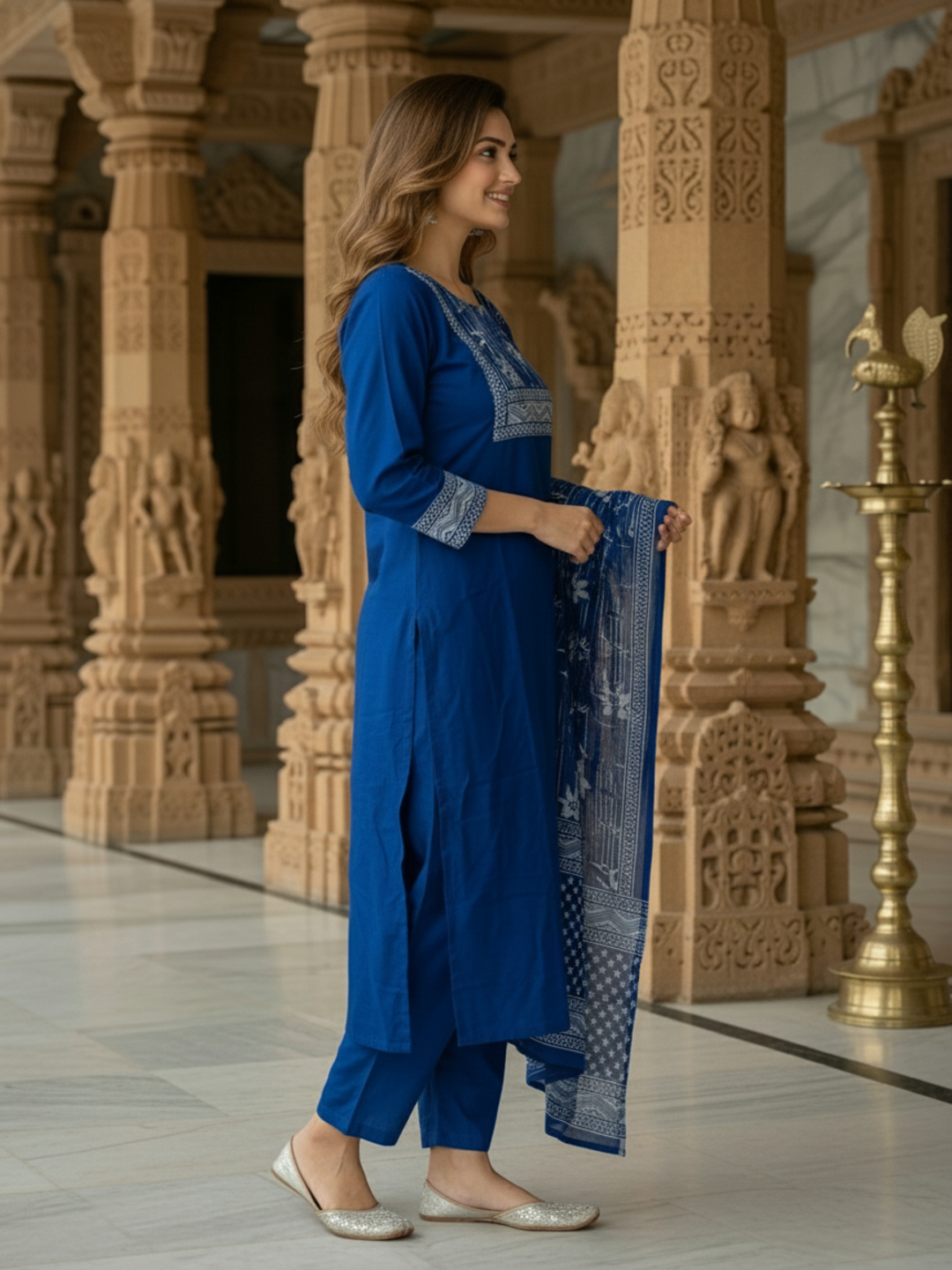 Floral Printed Embroidered Straight Kurta with Pant and Dupatta - Blue