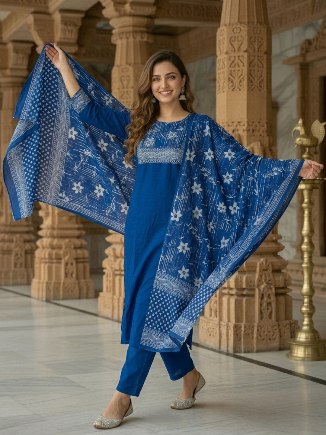 Floral Printed Embroidered Straight Kurta with Pant and Dupatta - Blue