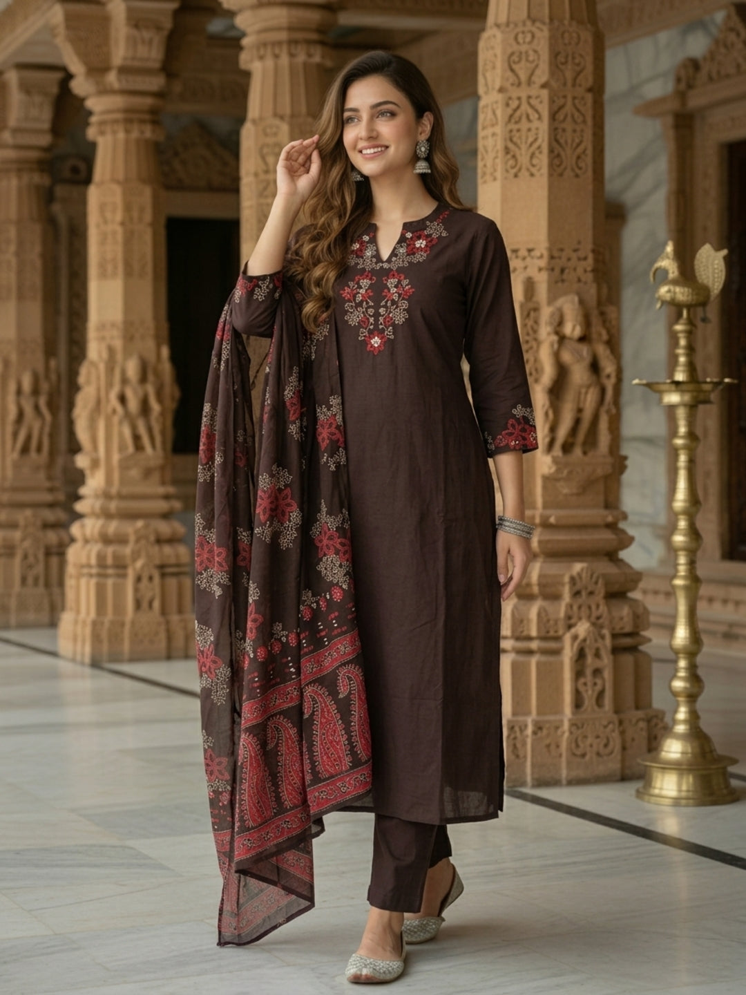 Floral Printed Embroidered Anarkali with Pant & Dupatta - Coffee Brown