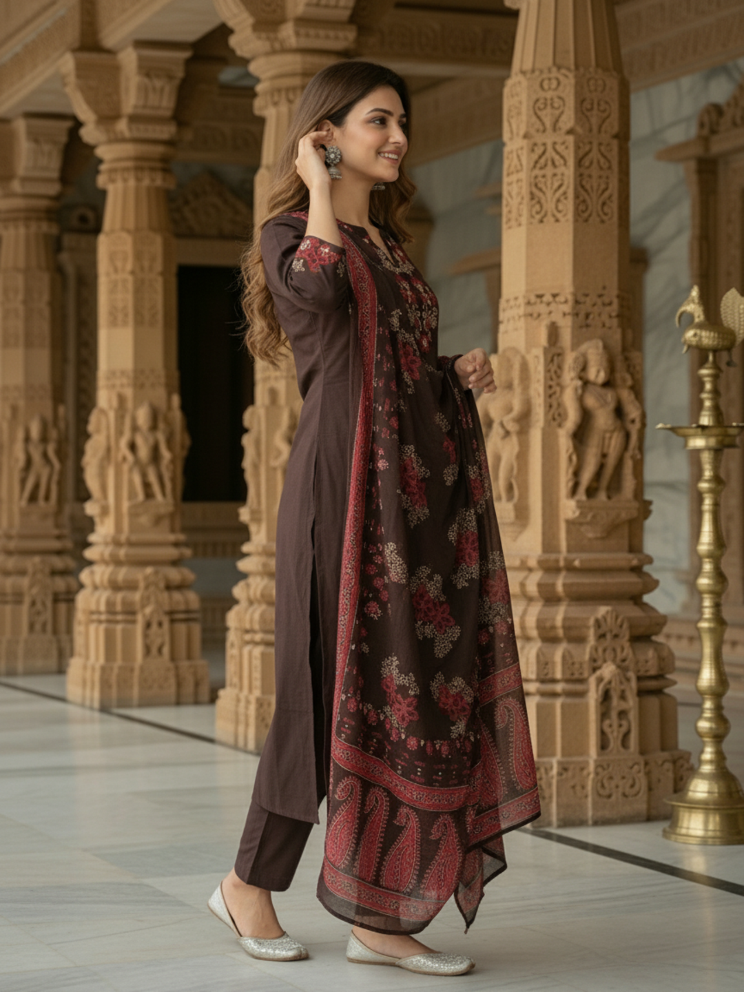 Floral Printed Embroidered Anarkali with Pant & Dupatta - Coffee Brown