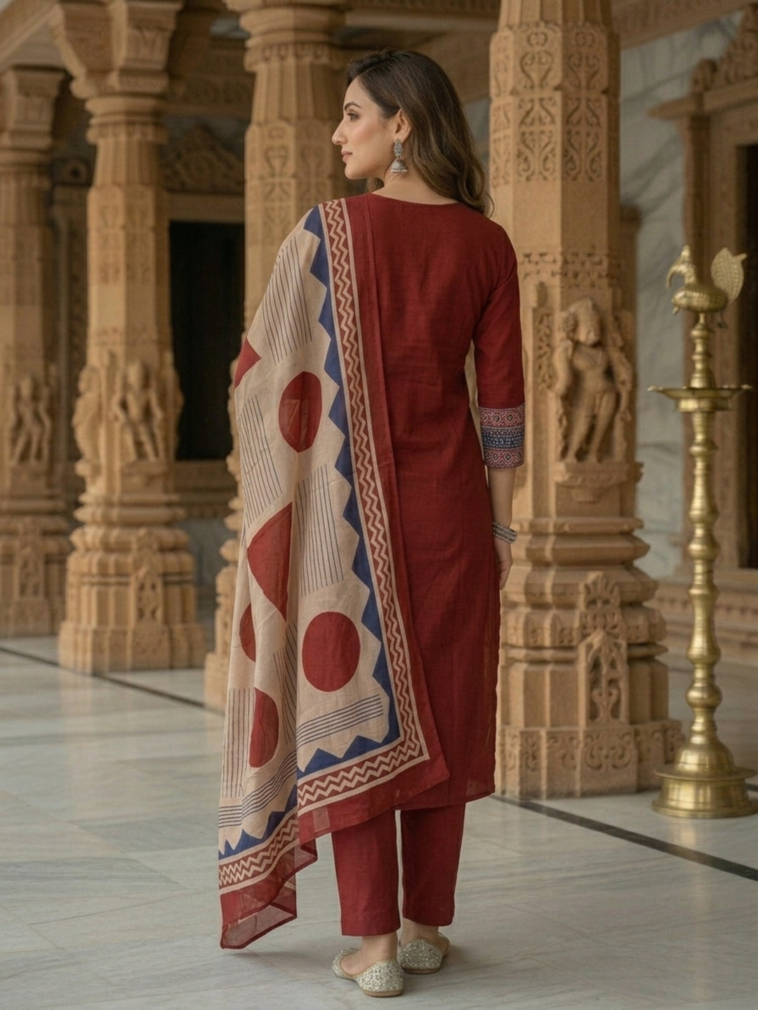 Printed Yoke Straight Kurta with Pant & Geometric Dupatta - Maroon