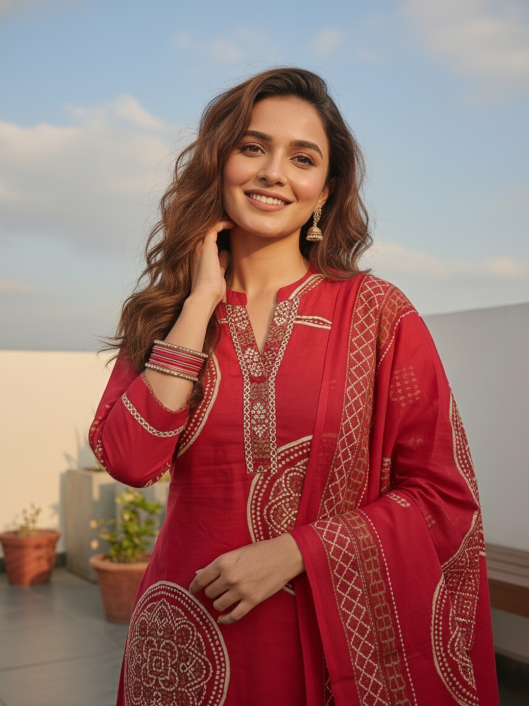Bandhani Printed Straight Kurta with Pant & Dupatta - Red