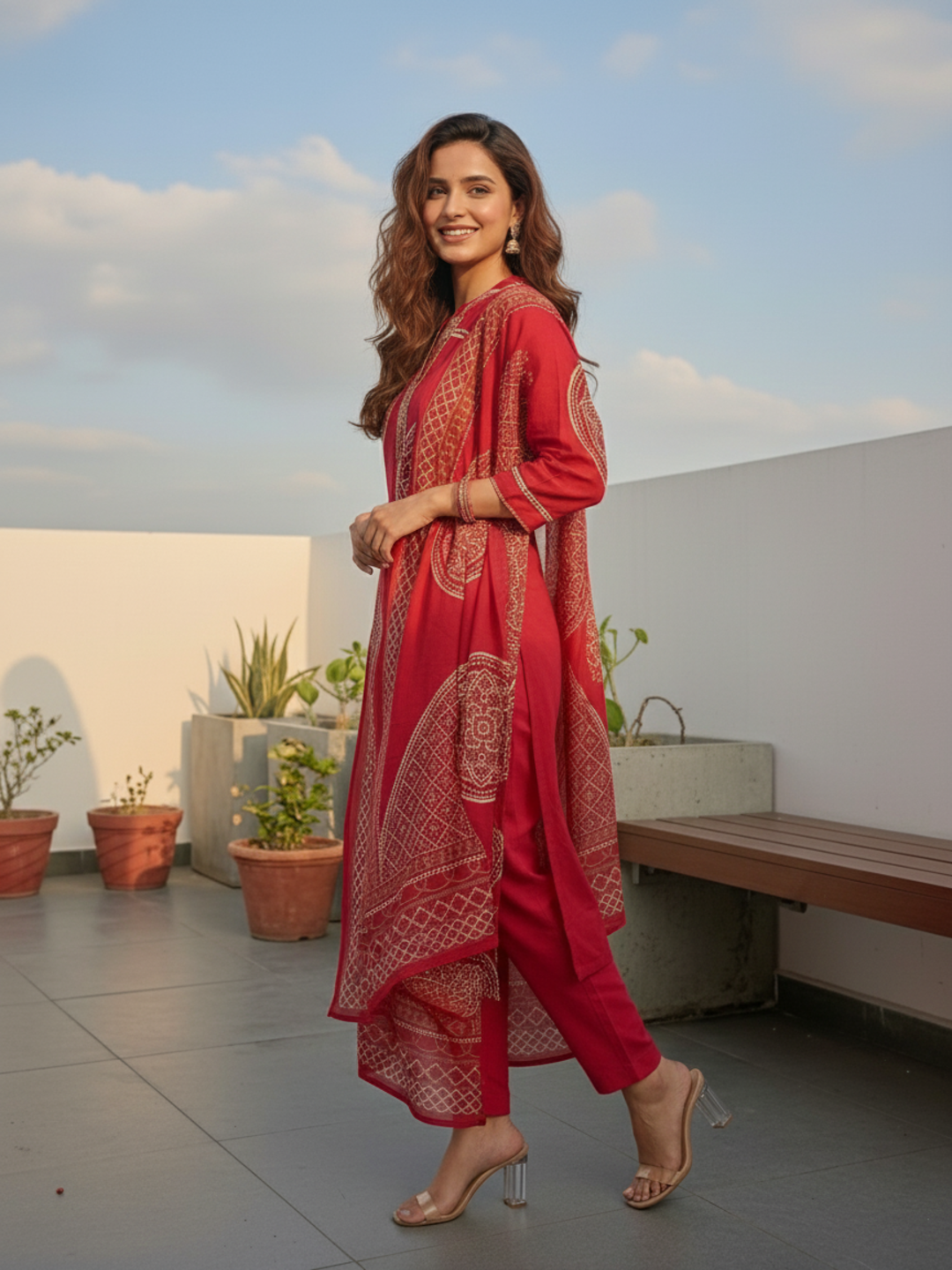 Bandhani Printed Straight Kurta with Pant & Dupatta - Red