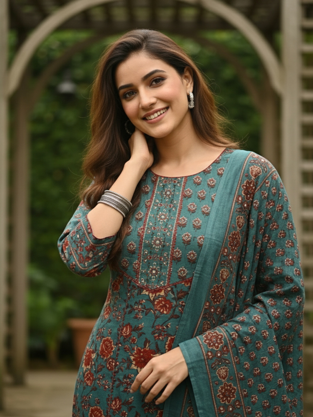 Ethnic Printed A-Line Kurta with Pant & Dupatta - Teal