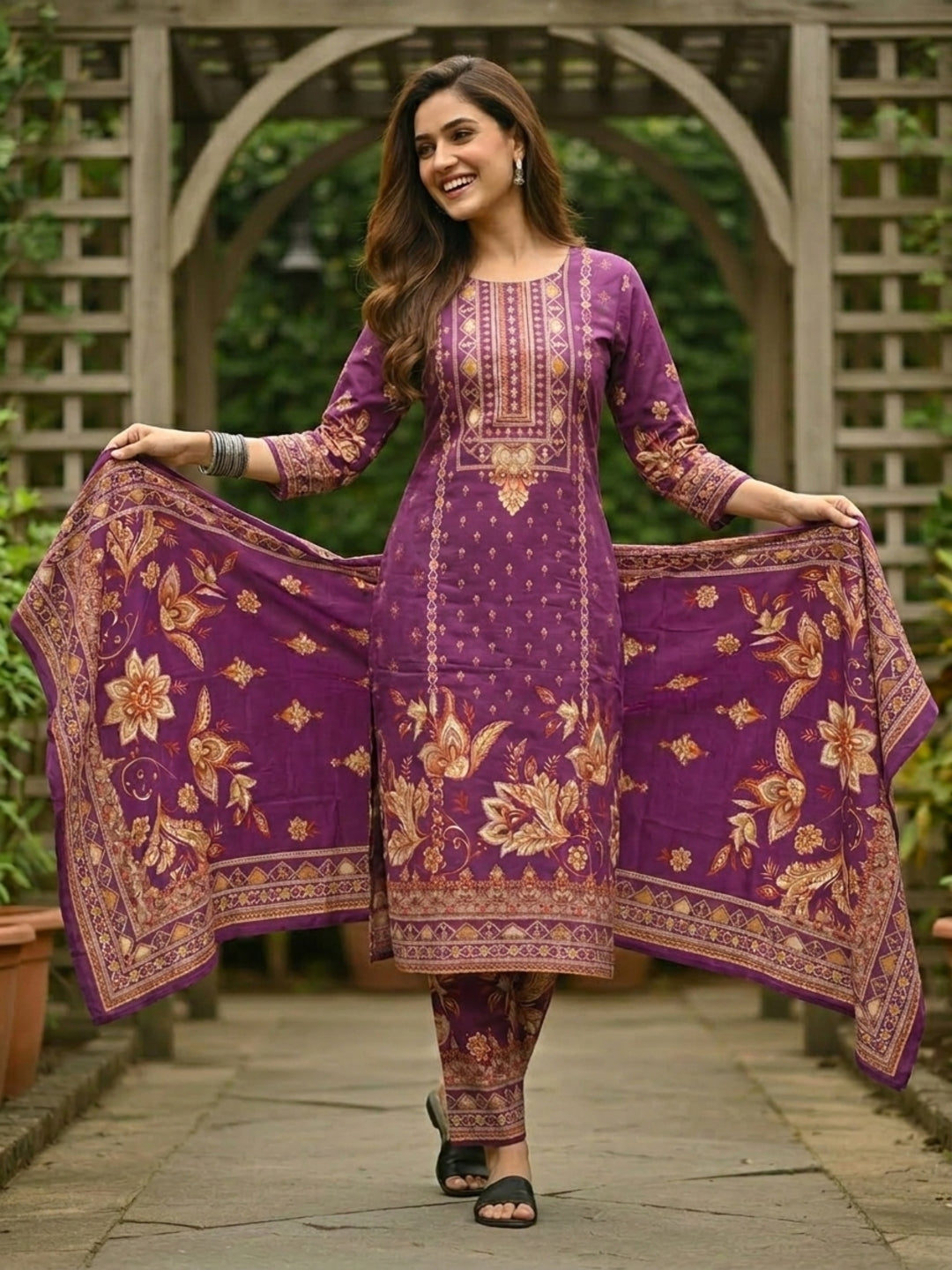 Ethnic Printed Straight Kurta Set with Pant & Dupatta - Wine Purple