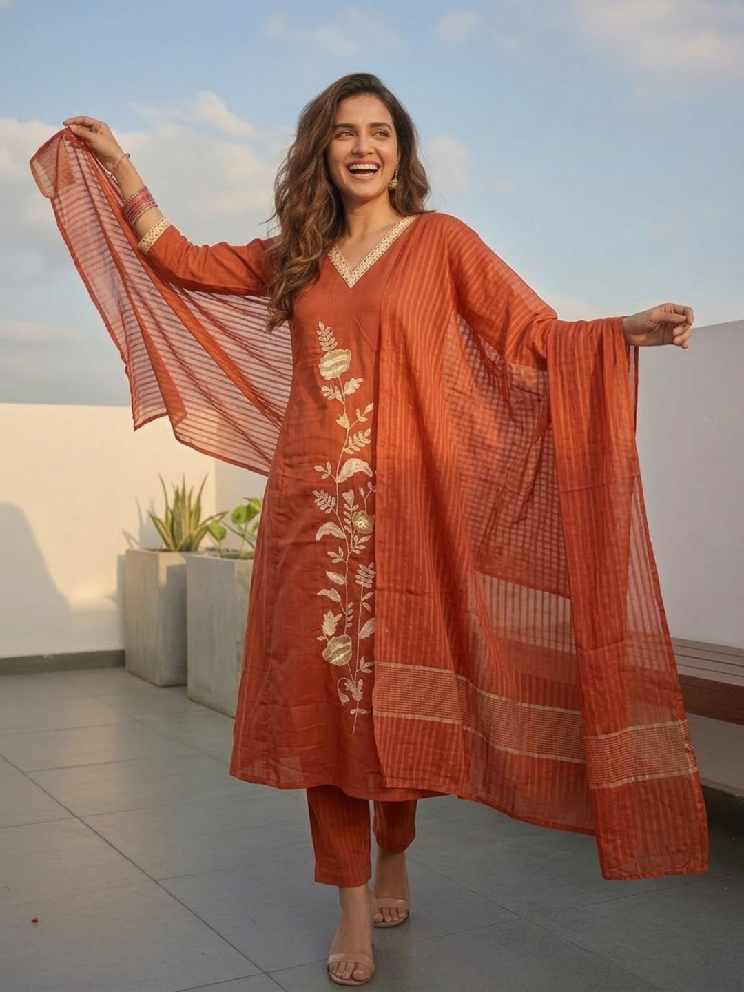 Solid Floral Embroidered Straight Kurta with Pant & Dupatta - Rust