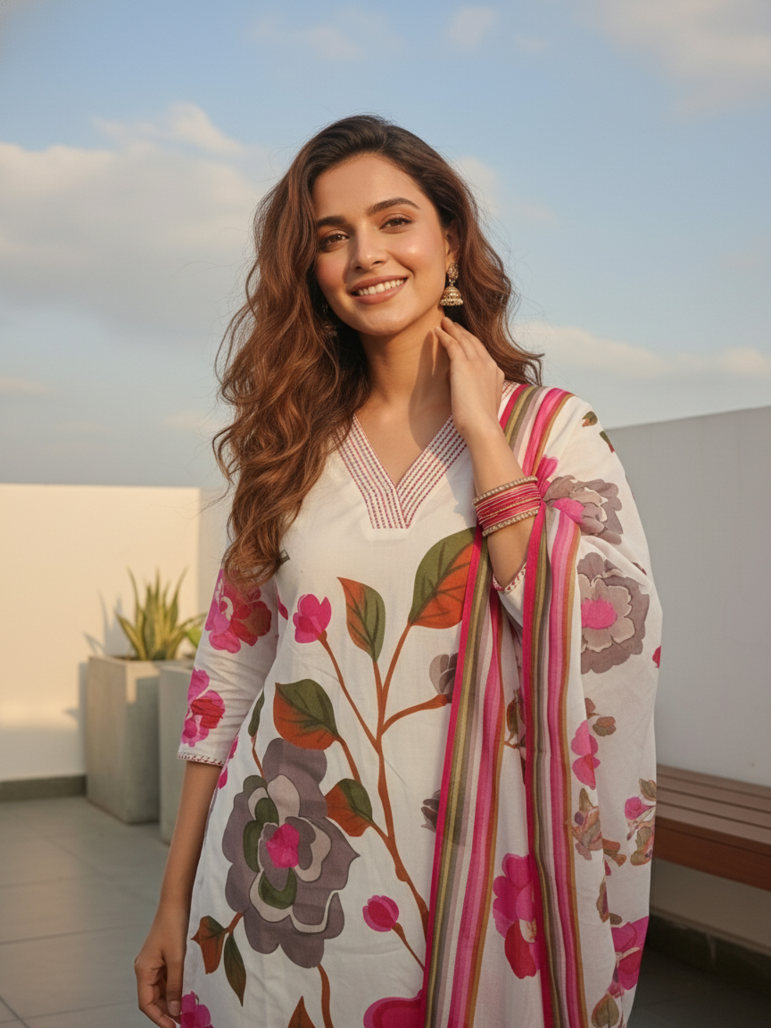 Floral Printed Straight Kurta with Pant & Dupatta - Cream